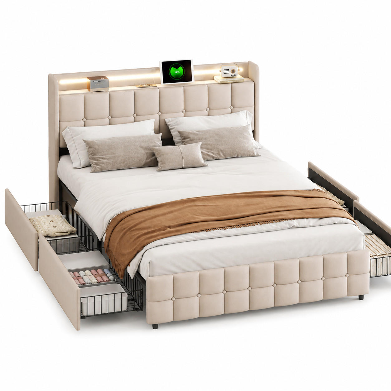 POLSTERBETT 140/200 cm Beige mit LED, USB & 4 Schubladen - Beige, Holz/Metall (140/200cm) - Joyfair