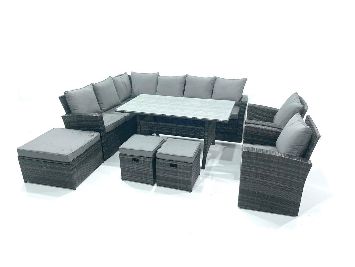 GARTENLOUNGE mit Ecksofa Polyrattan Dunkelgrau 11-Sitzer - Dunkelgrau/Grau, Glas/Kunststoff - Fimous
