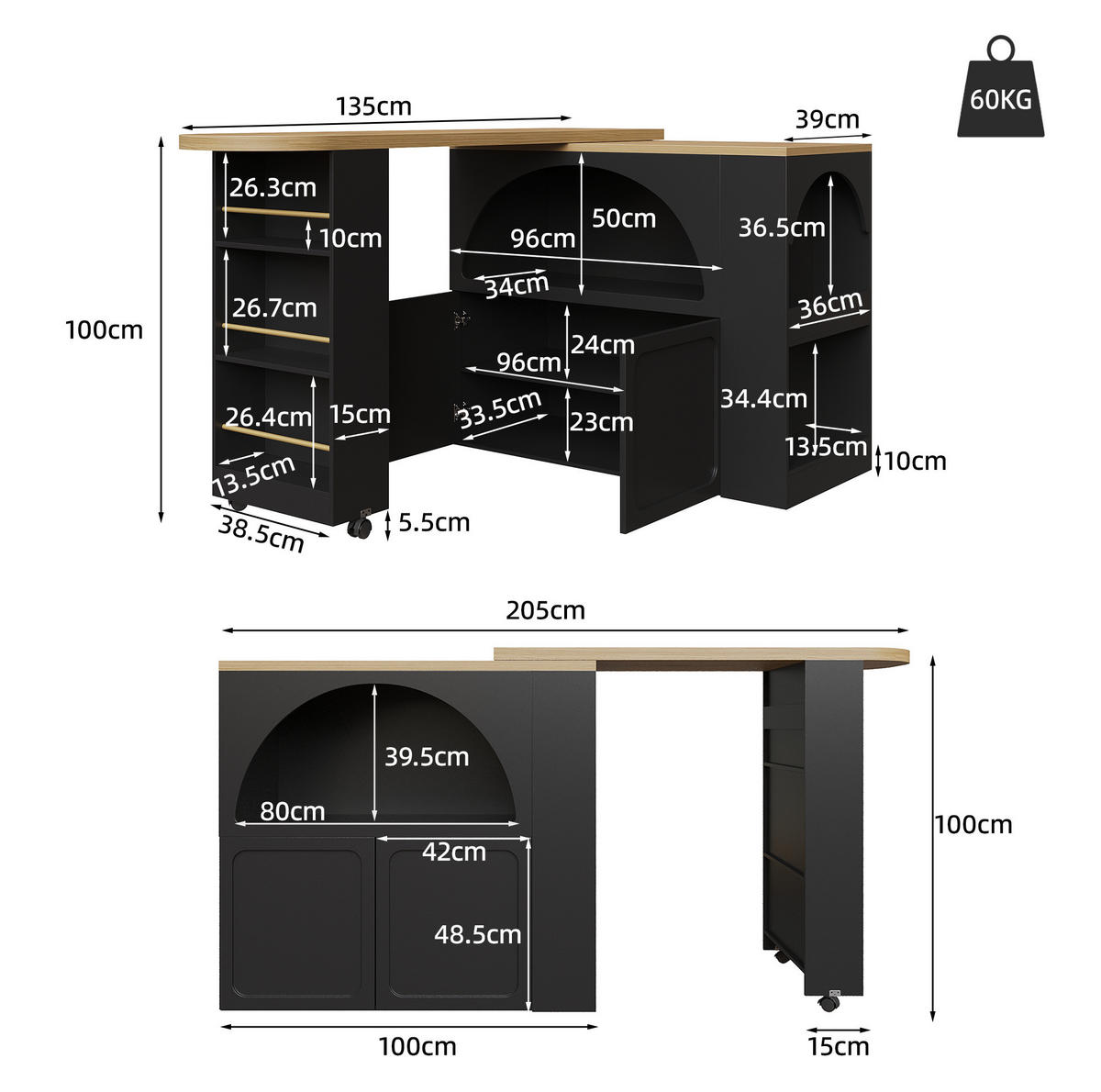 BARTISCH 135-205/39/100 cm in Schwarz mit Stauraum, Rollen und LED - Schwarz, Holzwerkstoff (135/39/100cm) - BEAOK