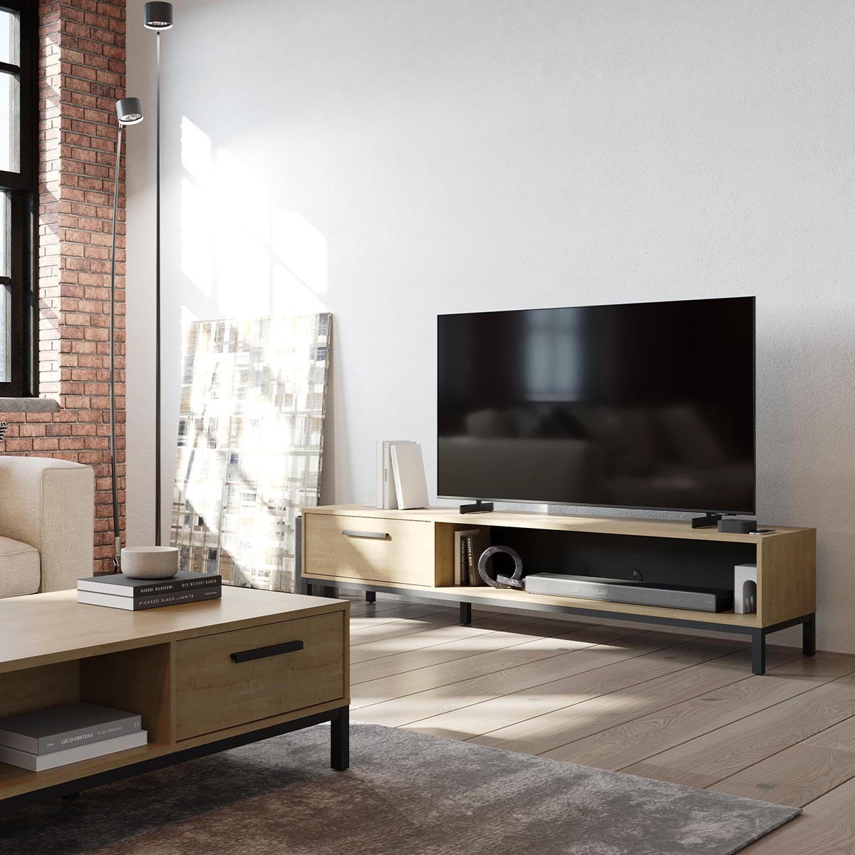 TV-MÖBEL 1 Schublade und 1 offenes Fach Dekor Eiche und Schwarz matt B183 cm - CRAFT - Eschefarben, Holzwerkstoff (41.3/44.9/46.7cm) - Calicosy