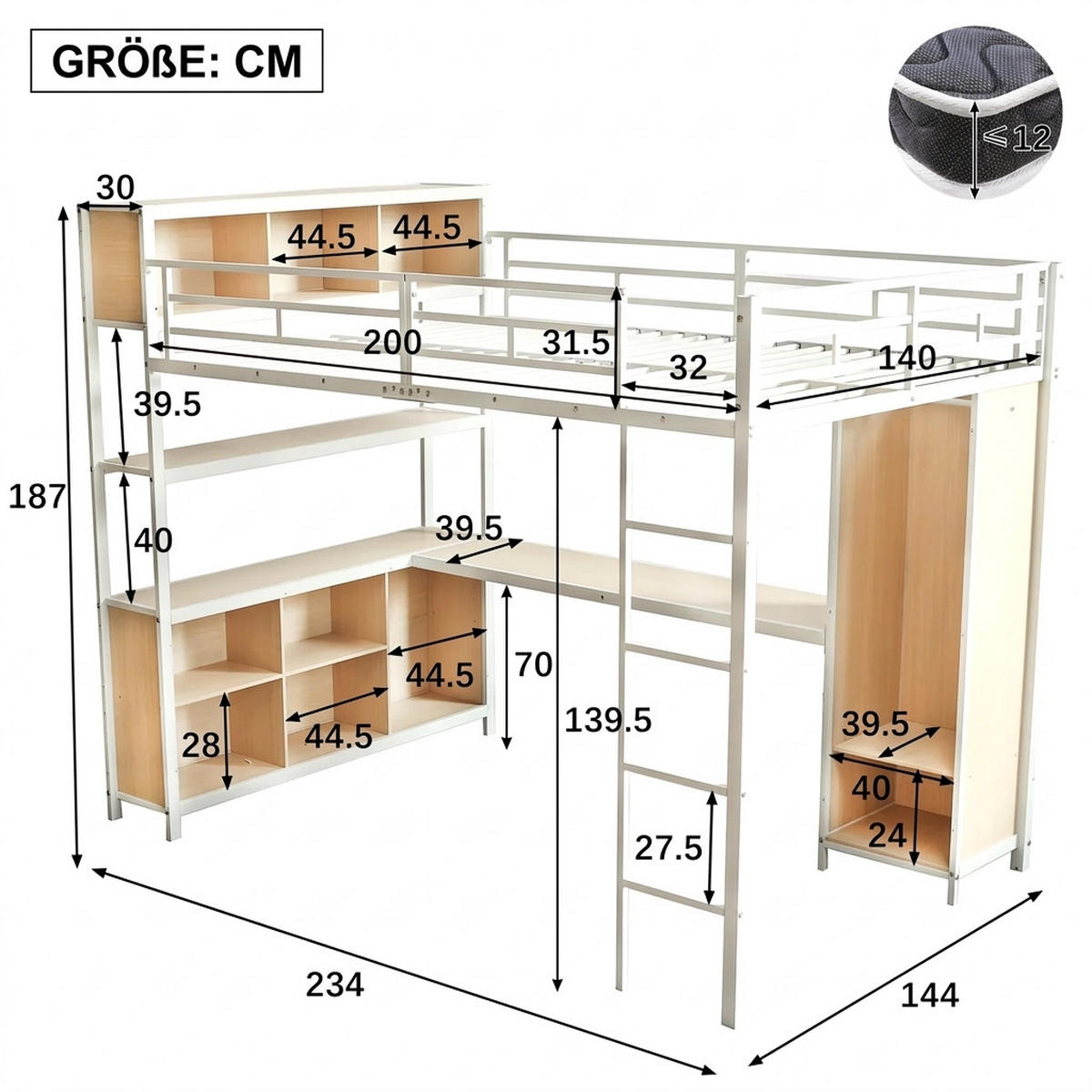 HOCHBETT 140/200 cm Weiß mit Stauraum und Kleiderschrank - Weiß, Metall (140/200cm) - Oxeza