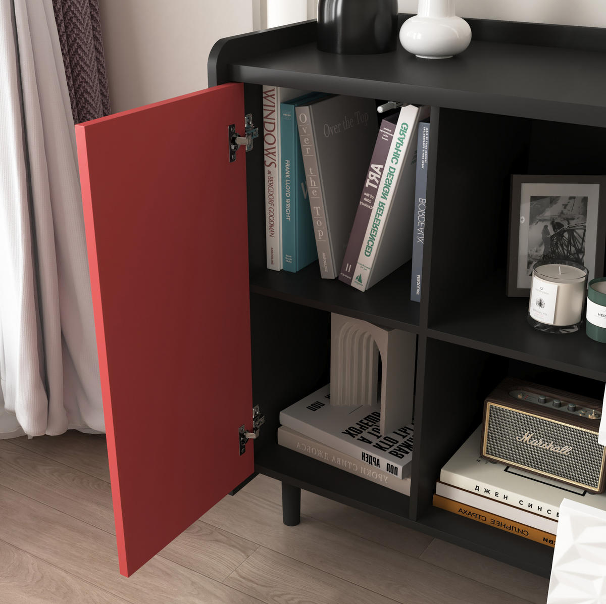 SIDEBOARD aus MDF 40x90x80 cm Schwarz/Rot mit 2 Schubladen, offenem Fach und Schranktür in modernem Design - Rot, Holzwerkstoff (90/80/40cm) - Modfu