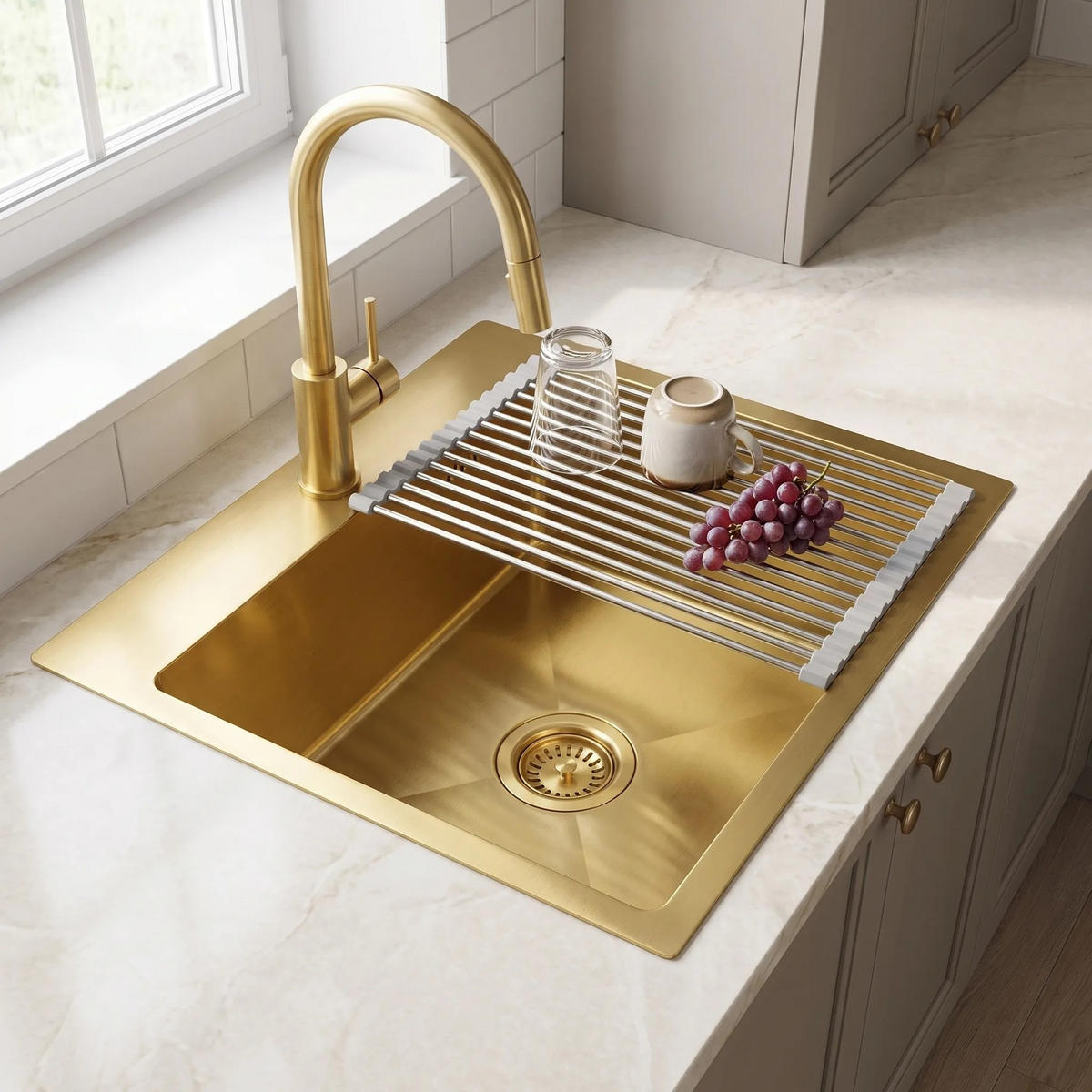 STAHLSPÜLE Mit 3-teiligem Zubehörset Rea Leo 40 Brush Gold Graue Accessoires - Goldfarben, Metall (40/18.5/45cm) - REA