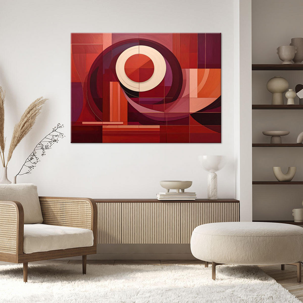 LEINWANDBILDER, Moderne Abstraktion mit einem roten Kreis und geometrischen Formen - Rot, Textil (120/80cm) - Feeby