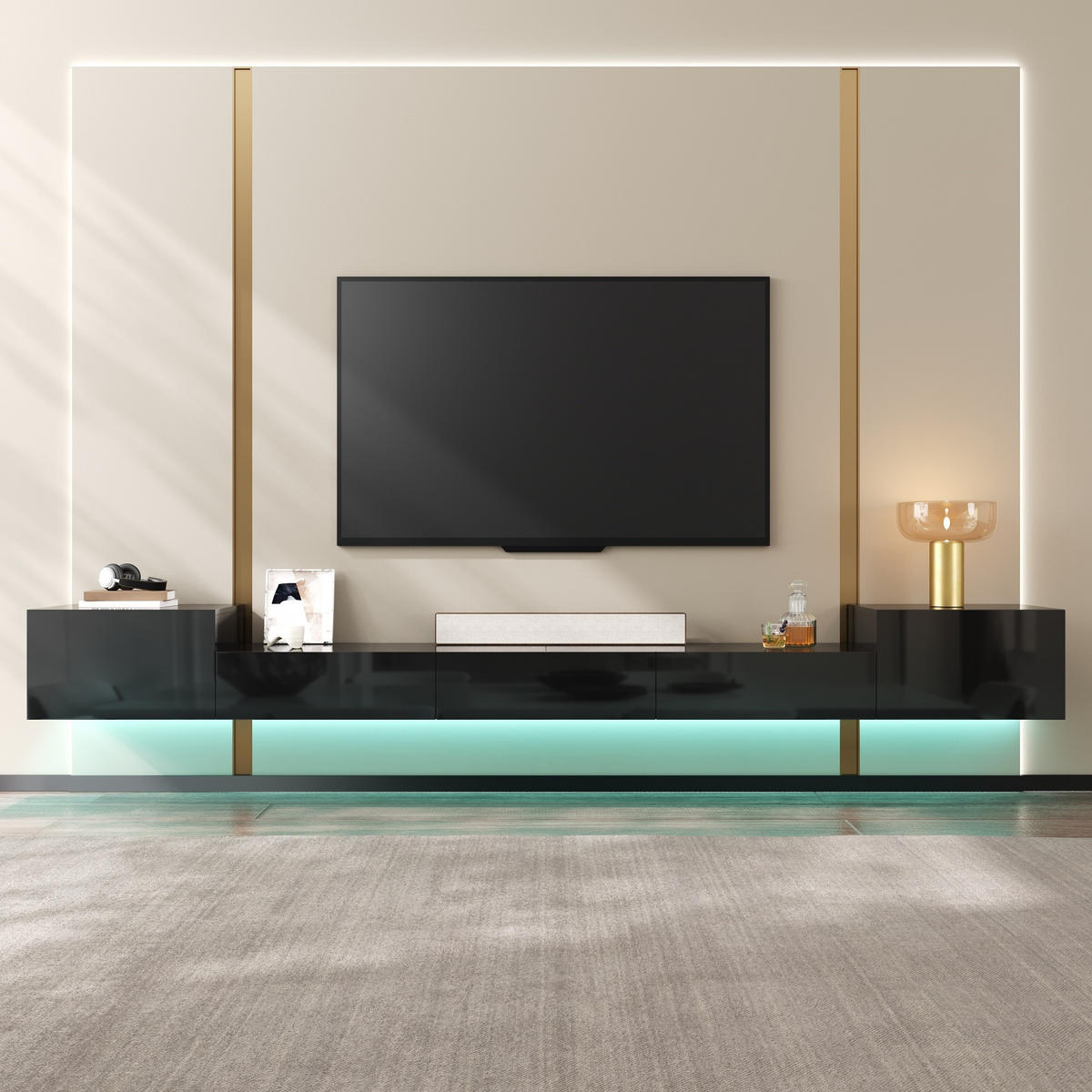TV-SCHRANK 245/30/26 cm Schwarz mit LED-Beleuchtung und Hochglanz-Türen - Schwarz, Holzwerkstoff (245/26/30cm) - Oxeza