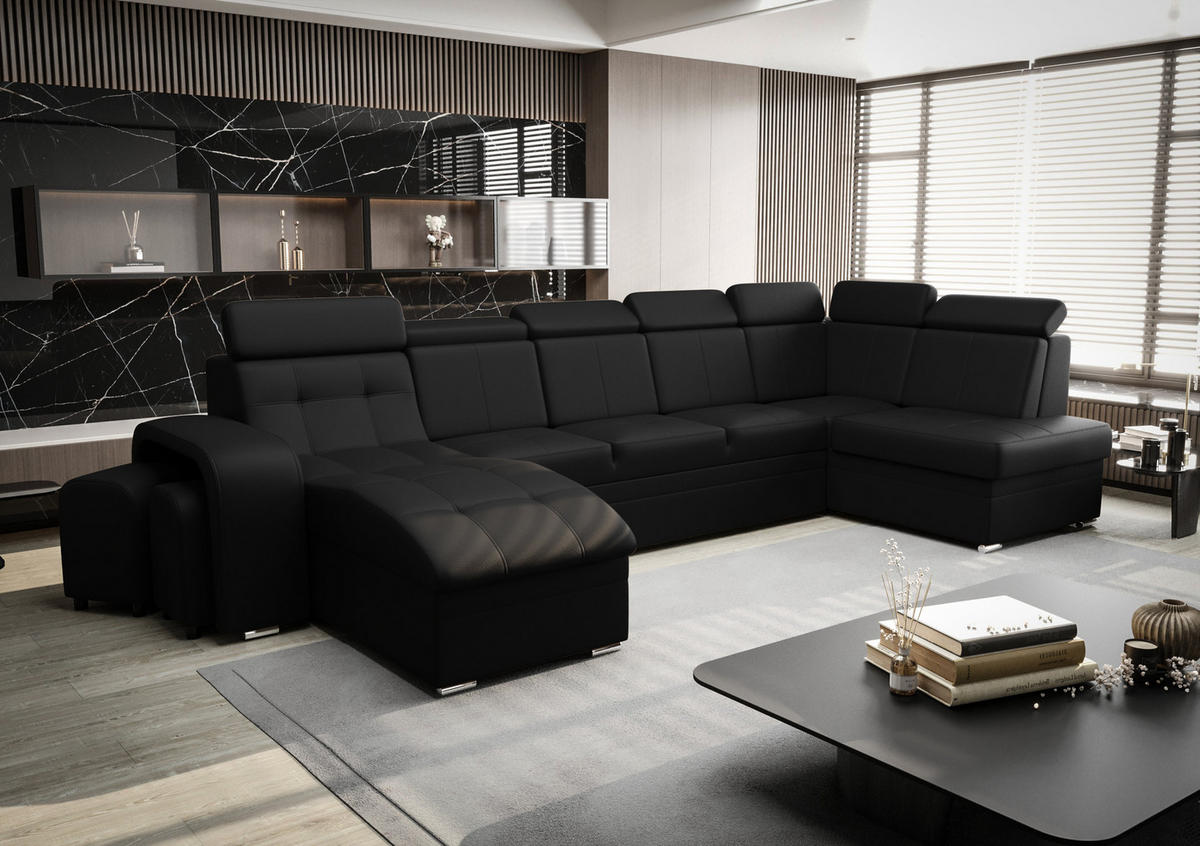 WOHNLANDSCHAFT KONGO RBN13, Eckcouch in U-Form mit Schlaffunktion, Farbe: Schwarz, Kunstleder, Ottomane Links - Schwarz, Textil (392/108/180cm) - O-Sofa
