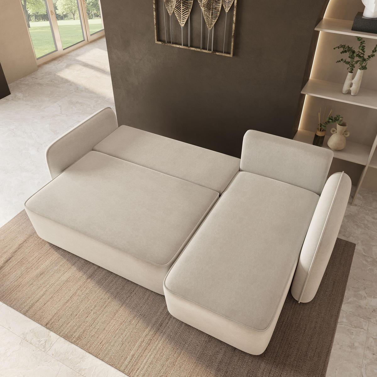 ECKSOFA DOLVER CL Creme Samtstoff mit Schlaffunktion - Creme, Holzwerkstoff/Textil (238/156cm) - MASSENO