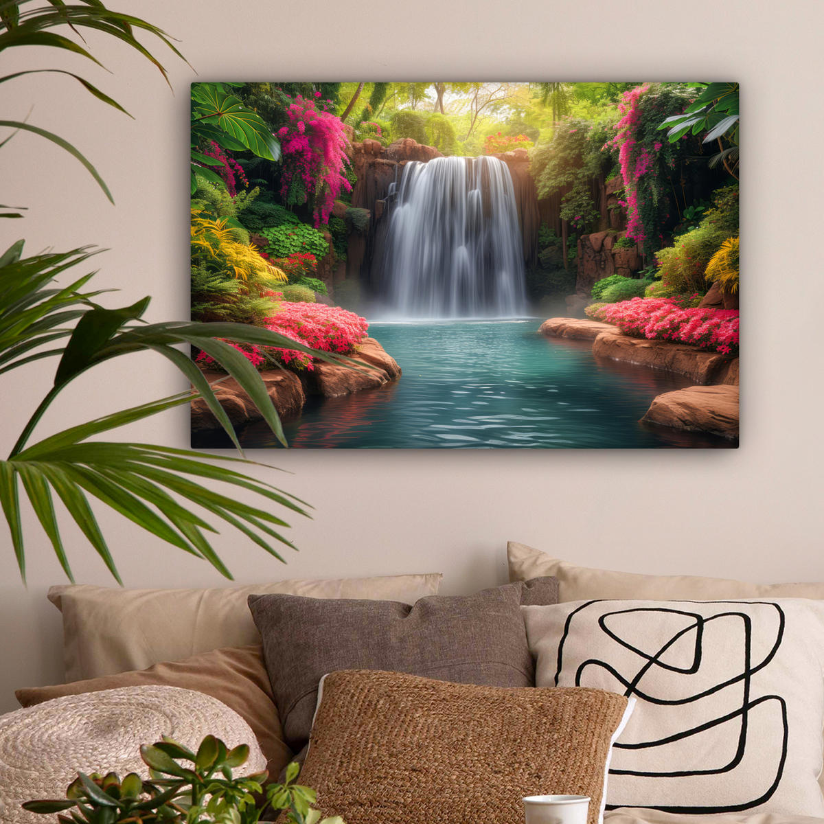 LEINWANDBILD Wasserfall - Natur - Pflanzen - Dschungel - Wasser Wanddeko 90x60 cm - Grün, Textil (90/60cm) - MuchoWow