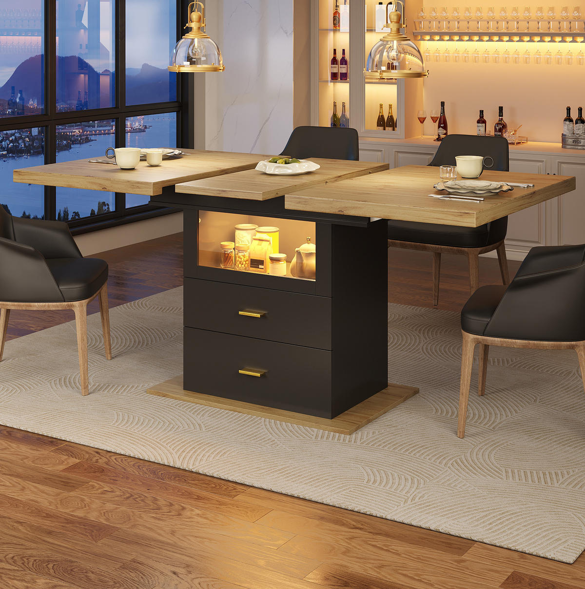 JEDÁLENSKÝ stôl 110/140/80/75 cm dekor dreva MDF/kov čierny s LED osvetlením - prírodná farba, kompozitné drevo (140/80/75cm) - BEAOK