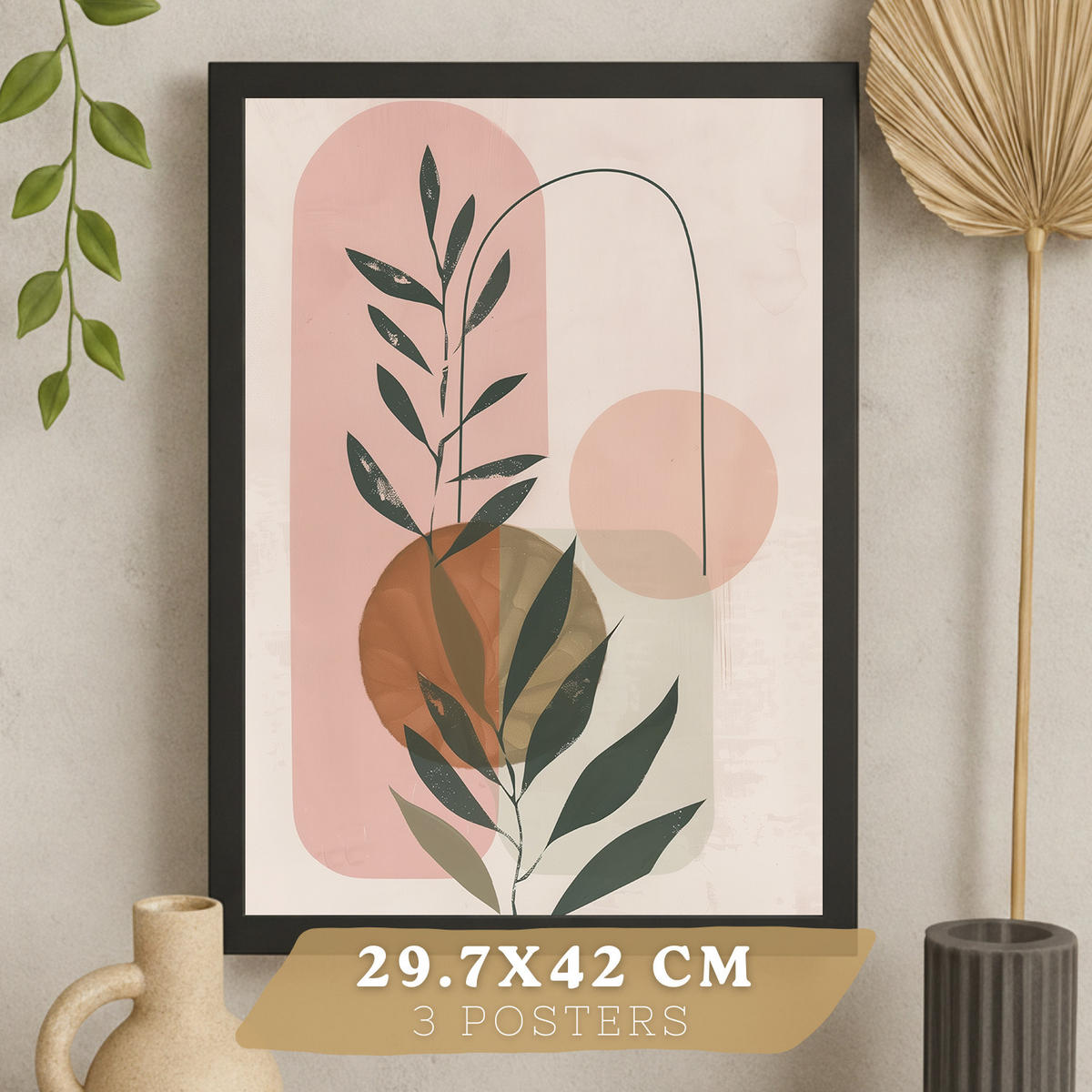PLAKAT Sada 3 dekorativních nástěnných tisků, pastelově zelené a růžové rostliny, pro moderní dekoraci obývacího, velikost Černý rám A3 - černá, papír (29.7/42/3cm) - Nacnic