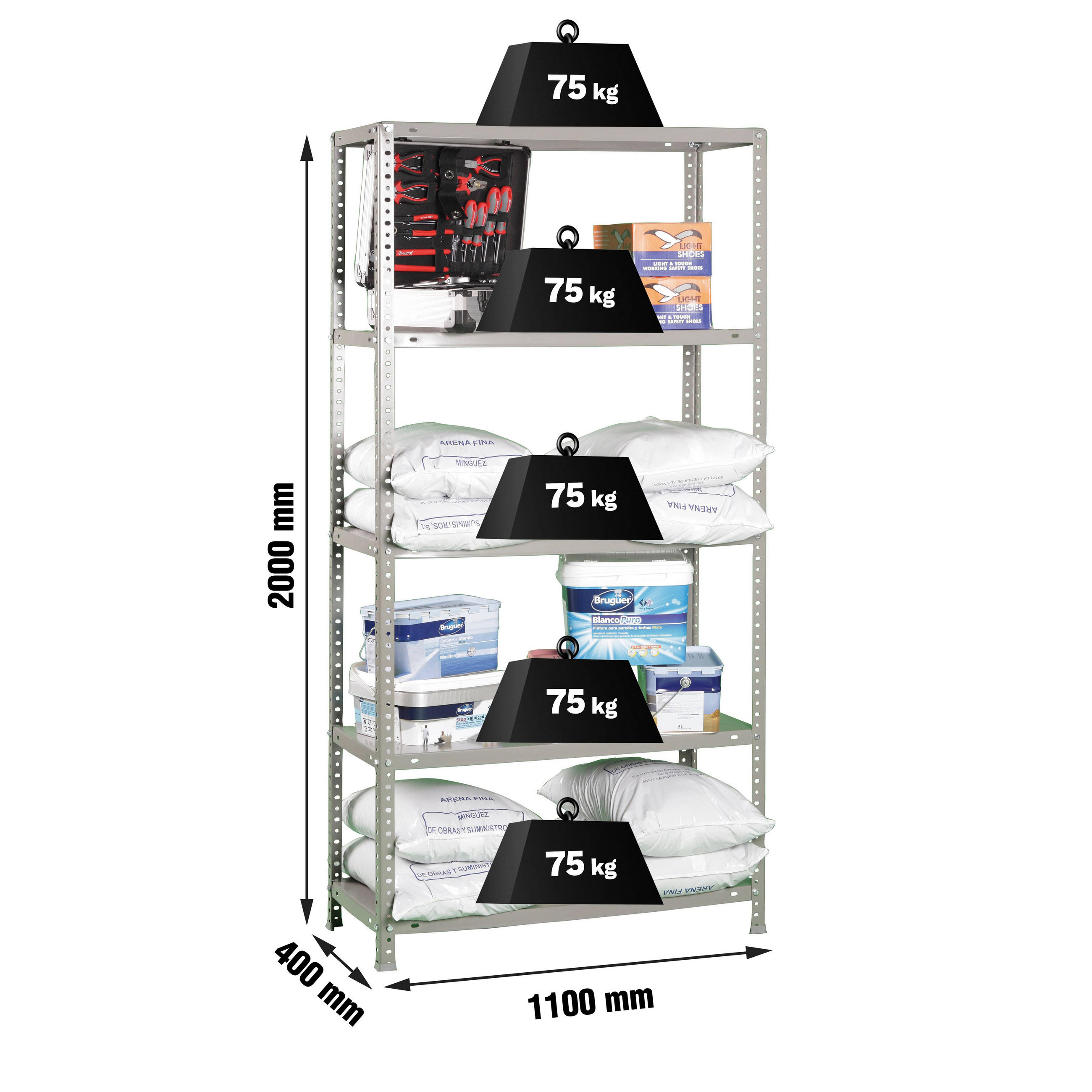 SCHRAUBREGAL PANDA TALL | HxBxT 200x110x40cm | 5 Fachböden | Fachlast 75kg | Grau - Grau, Metall (110/200/40cm) - PROREGAL