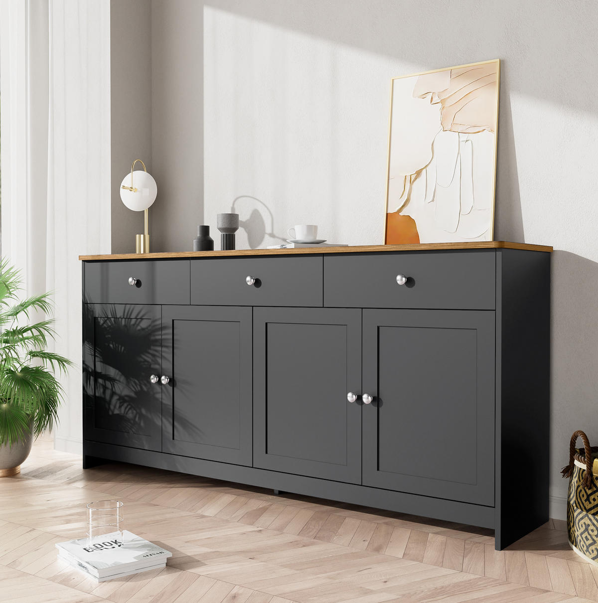 SIDEBOARD im Landhausstil aus MDF mit Holzplatte, 3 Schubladen und 4 Türen, 160/37/75 cm, grauschwarz und holzfarben - Grau, Holzwerkstoff (160/75/37cm) - Redom