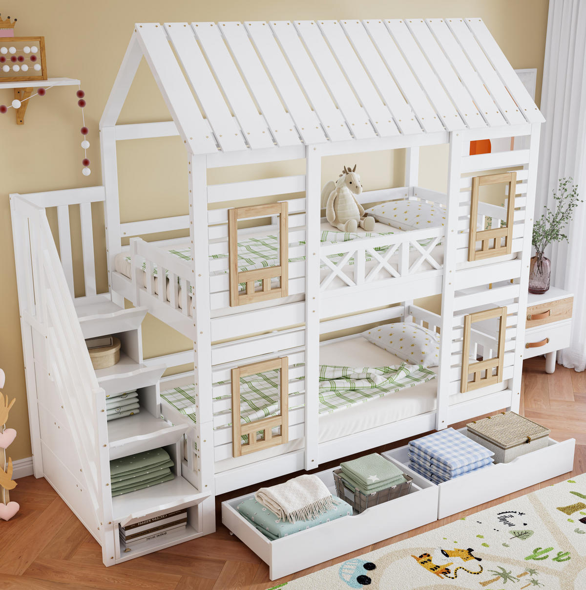 ETAGENBETT 90/200 cm mit Stauraumtreppe, Fenstern und 2 Schubladen, Weiß/Natur - Weiß, Holz (90/200cm) - Redom