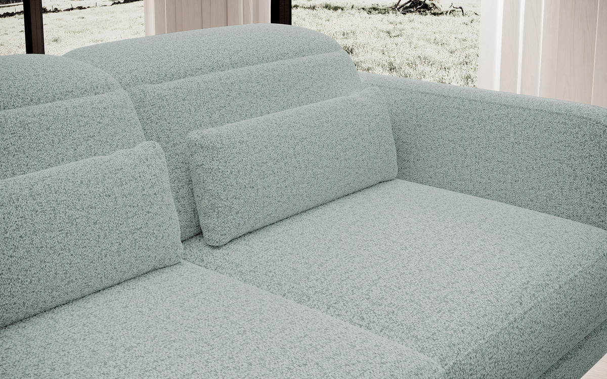 ECKSOFA BARILLO - Verstellbarer Rückenlehne, Stahlfüße, Elegante Armlehnen, Drei Rückenkissen, Freistehend, 261x170x97 cm Linke, Grün - Grün, Holz/Textil (170/261cm) - DomoHome