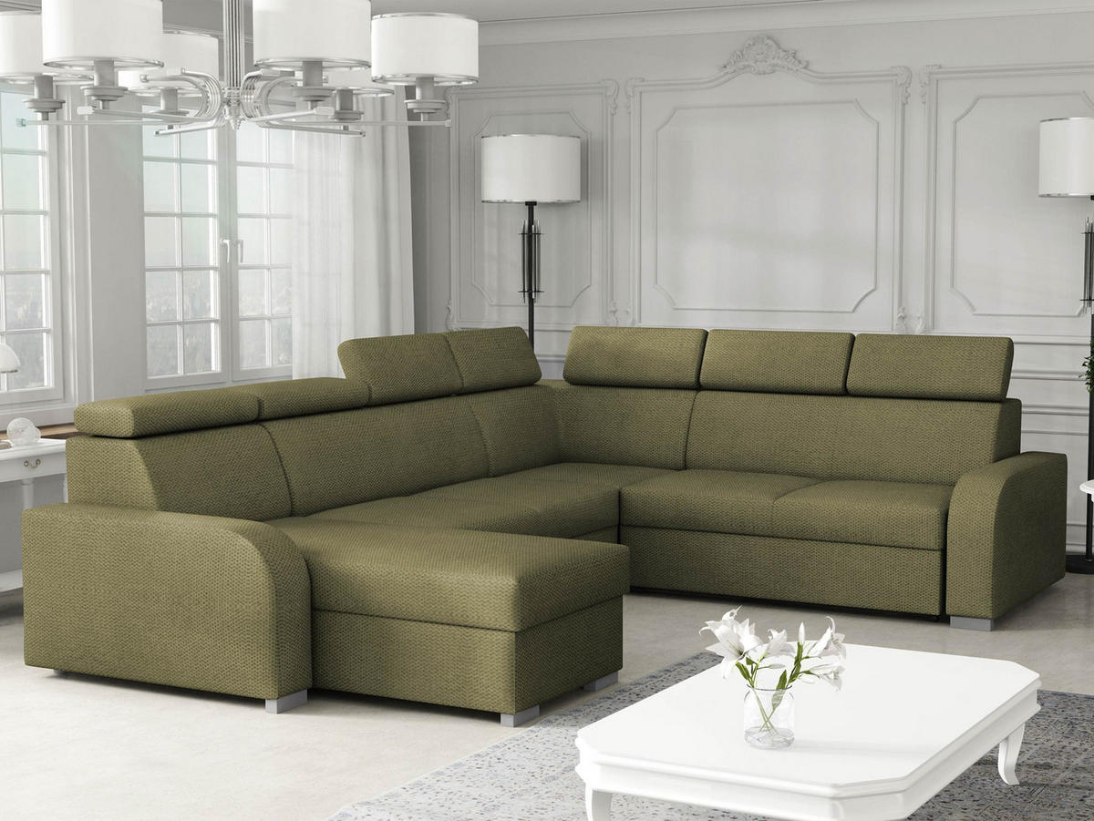 WOHNLANDSCHAFT Oslo 2rR2pLC - Silberfarben/Grün, Holz/Kunststoff (315/85/250cm) - MIRJAN24