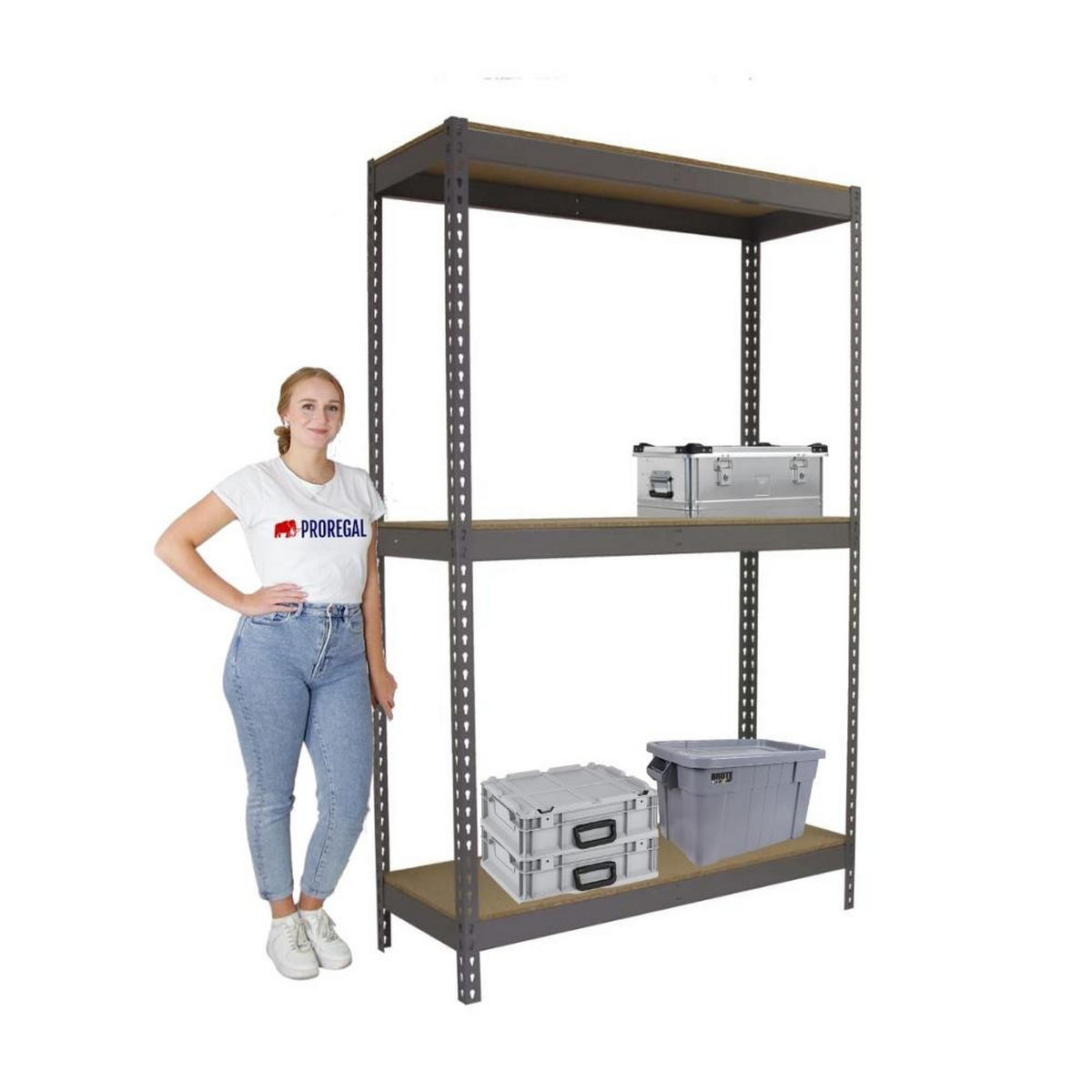 SCHWERLASTREGAL Wood Beast Three HxBxT 200 x 210 x 45 cm 3 Ebenen Fachlast 500 kg Grau - Grau, Metall (210/200/45cm) - PROREGAL