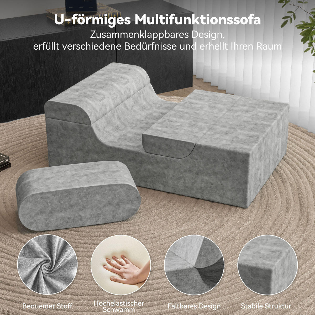 SOFA U-Form montiert hellgrau - Hellgrau, Textil (70/40/110cm) - Vercart