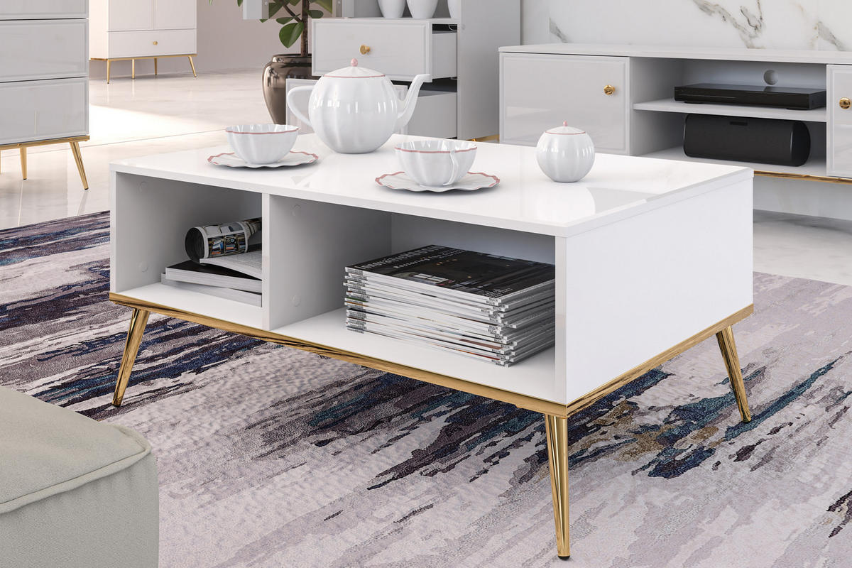 COUCHTISCH ISORIA mit Stauraum, Glas Weiß - Goldfarben/Weiß, Holz/Metall (60/90/42cm) - KONSIMO®