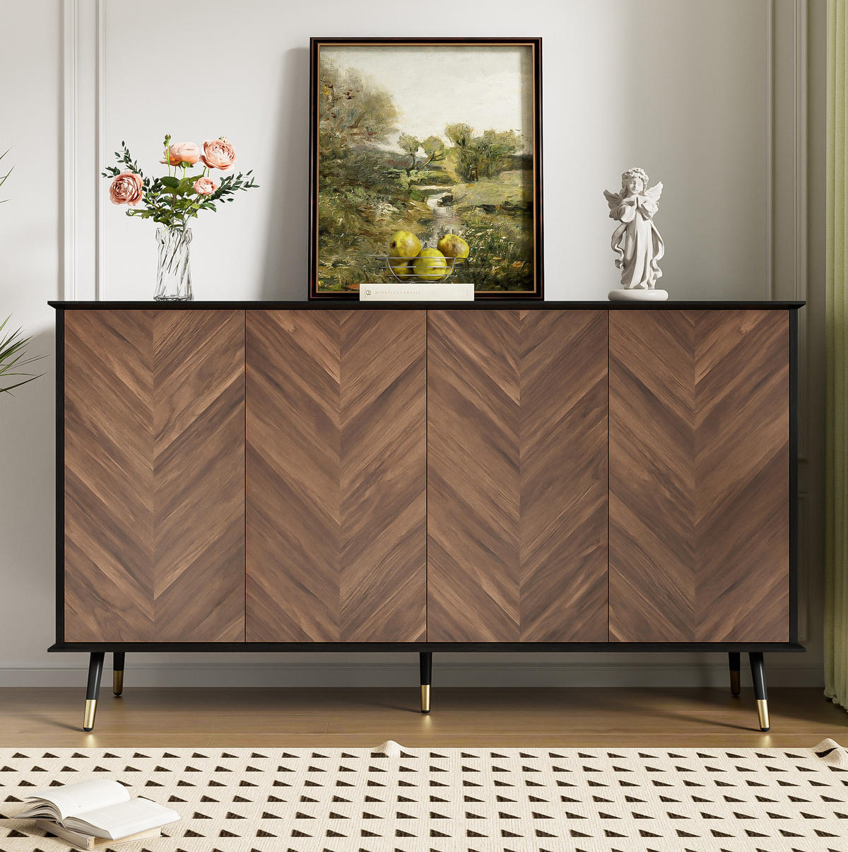 SIDEBOARD aus MDF 140x40x80 cm Schwarz/Braun mit 4 Türen, höhenverstellbaren Regalen und Soft-Close - Schwarz, Holzwerkstoff (140/80/40cm) - Modfu