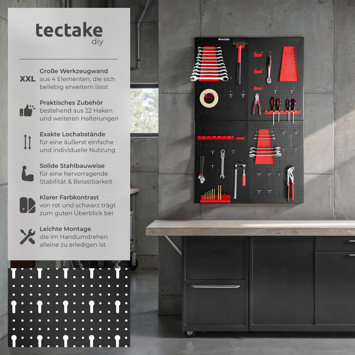 WERKZEUGLOCHWAND Jonah,Belastbarkeit 4 kg pro Platte,schwarz/rot - Rot/Schwarz, Metall (160/60/2cm) - tectake