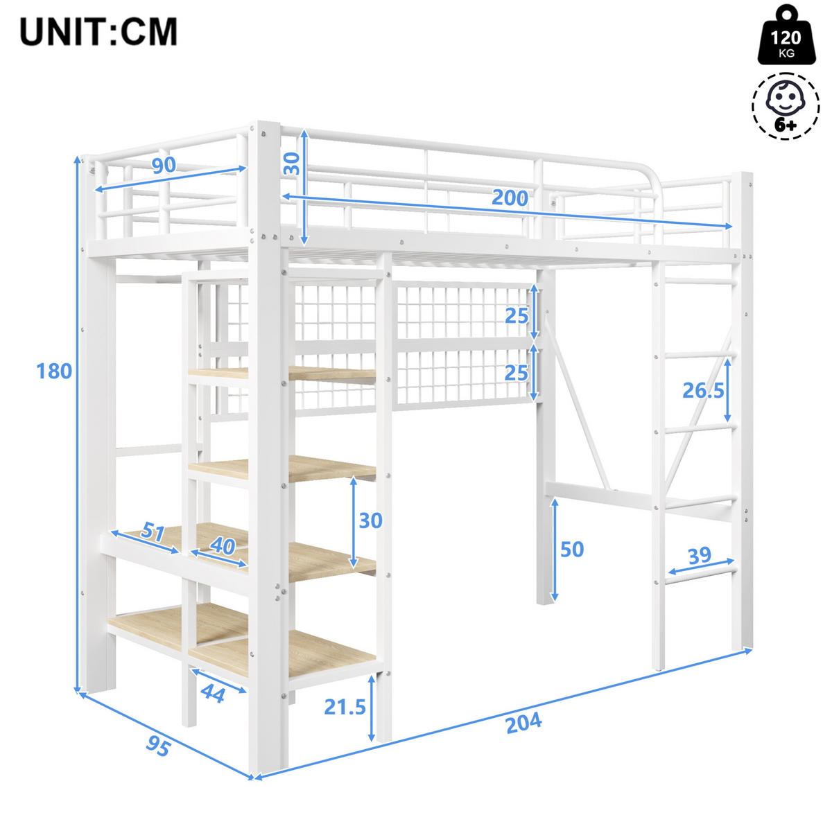 HOCHBETT 90/200 cm, Weiß mit LED-Lichtleiste und Ablagefach - Weiß, Metall (90/200cm) - MIVRAY
