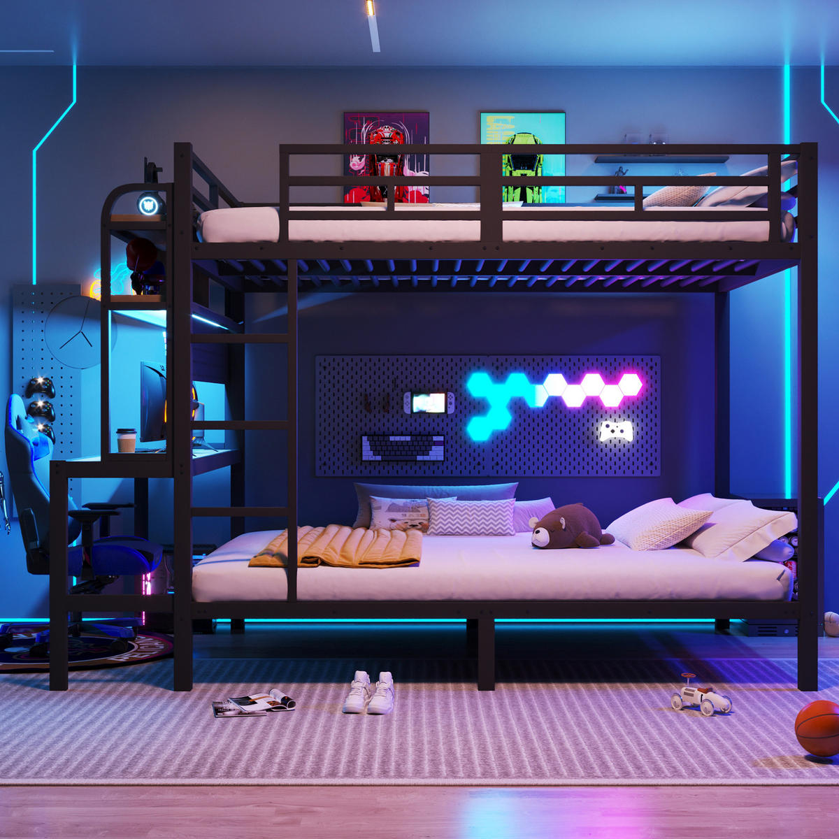 ETAGENBETT aus Metall und MDF 140x200 cm Schwarz mit Schreibtisch, Ablagefächern, LED-Lichtleiste und USB-Anschluss - Schwarz, Metall (140/200cm) - Modfu