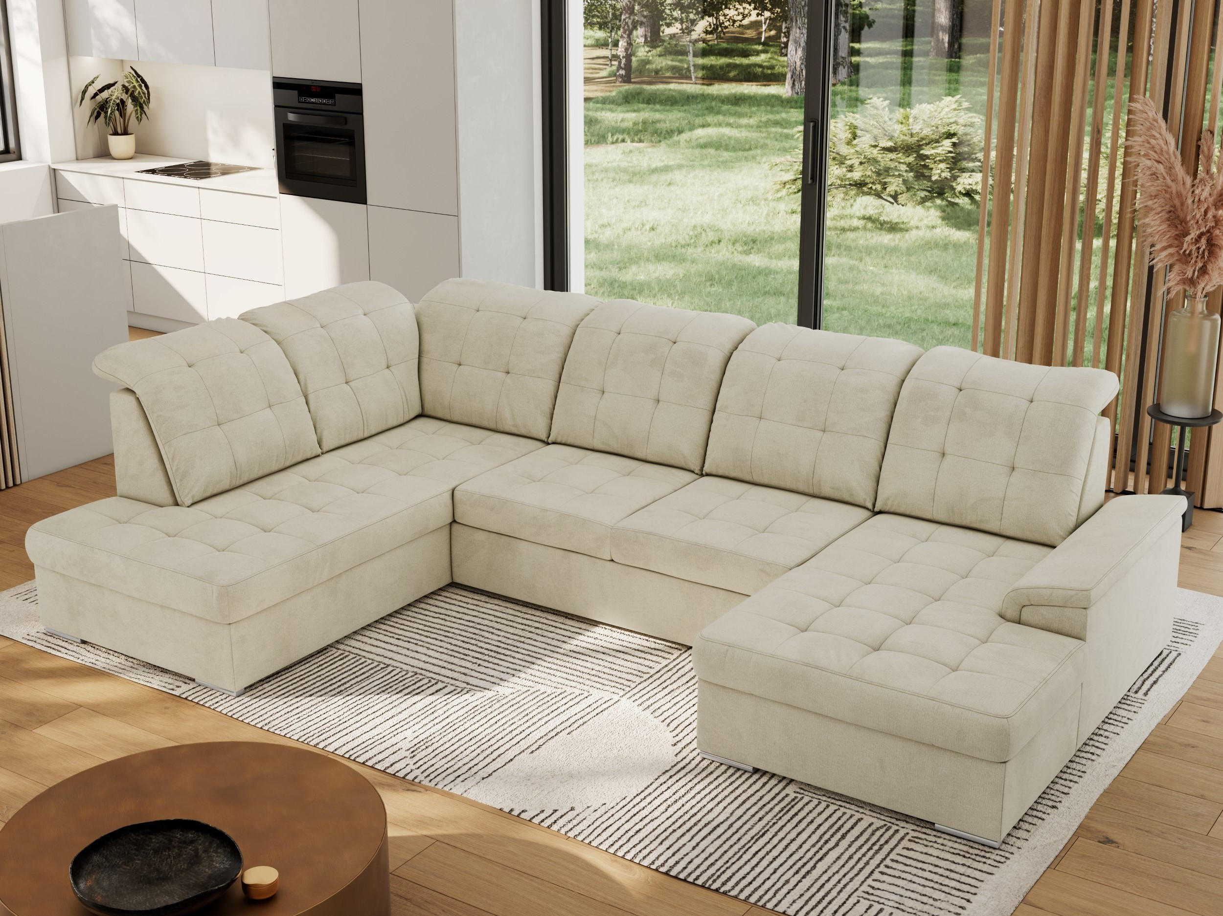 WOHNLANDSCHAFT MADRITO U - Beige Velorus - Links - Beige/Silberfarben, Textil/Metall (204/89/323cm) - MKS