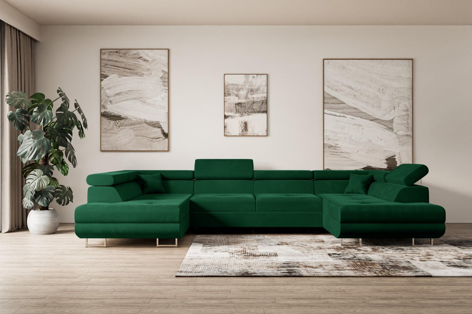 WOHNLANDSCHAFT mit Schlaffunktion und Bettkasten GUSA-U 342x202x107 cm Grün Velours - Silberfarben/Grün, Holzwerkstoff/Textil (342/107/202cm) - ALTDECOR