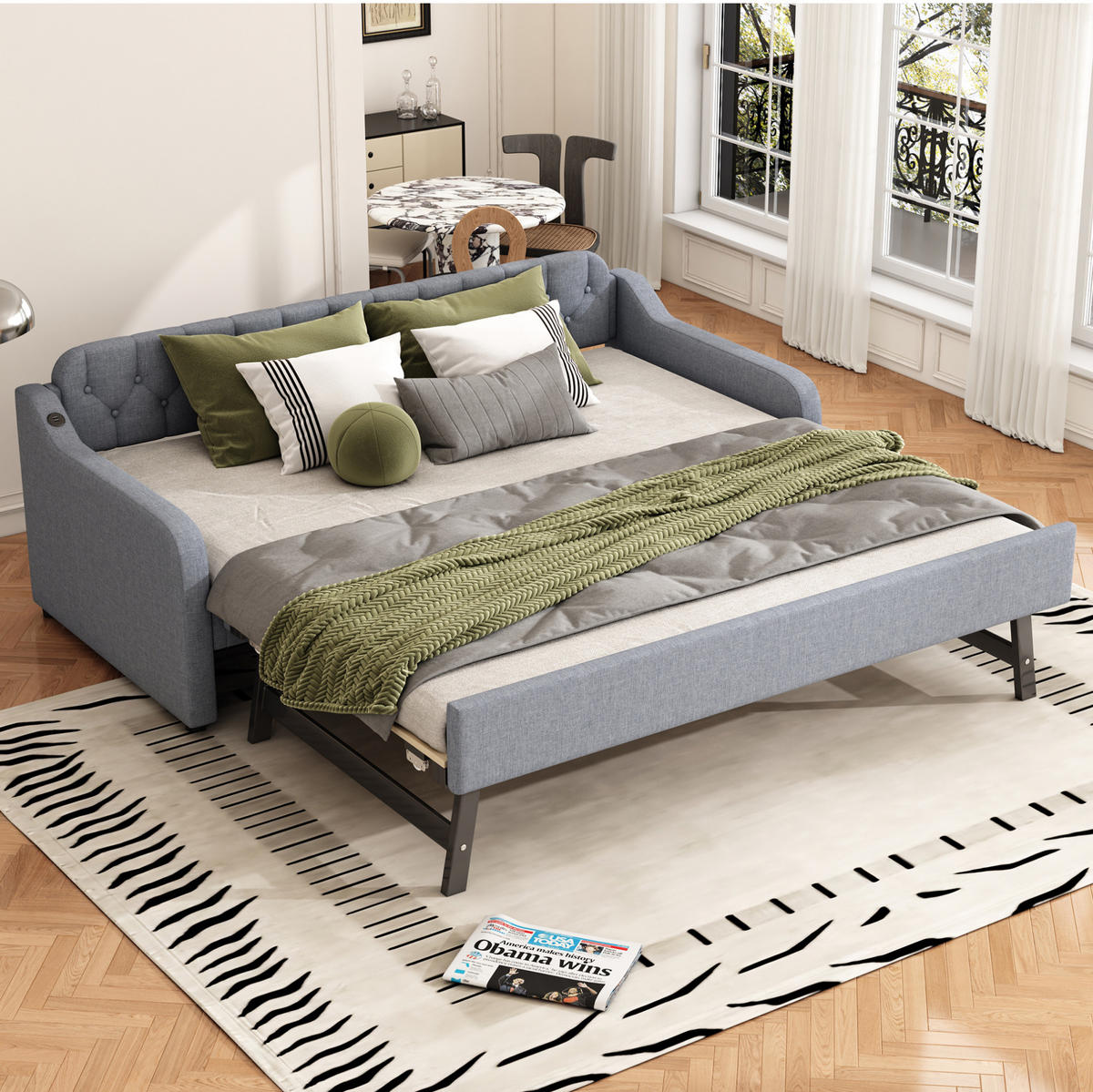 TAGESBETT 90/200 cm mit Ausziehbett, USB-Anschluss und Leinenbezug, Grau - Grau, Textil (90/200cm) - Redom
