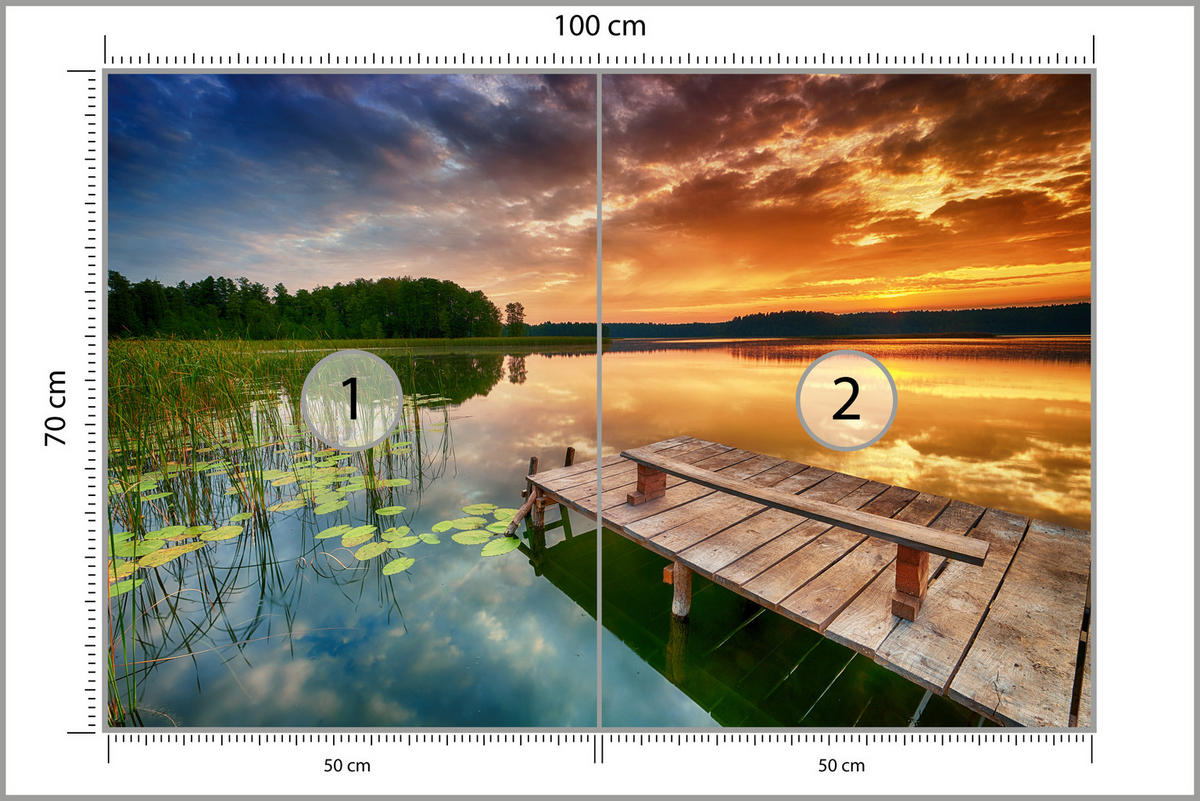 FOTOTAPETE für Wohnzimmer Sonnenuntergang See Steg Bäume 100x70 - Gelb/Beige, Papier (100/70cm) - Muralo