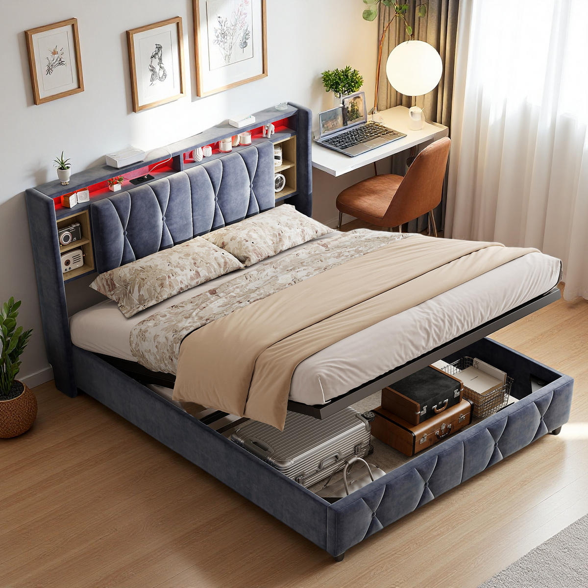 POLSTERBETT 160x200 cm LED Bettkasten USB Samt grau - Grau, Holz (160/200cm) - LEBENLANG