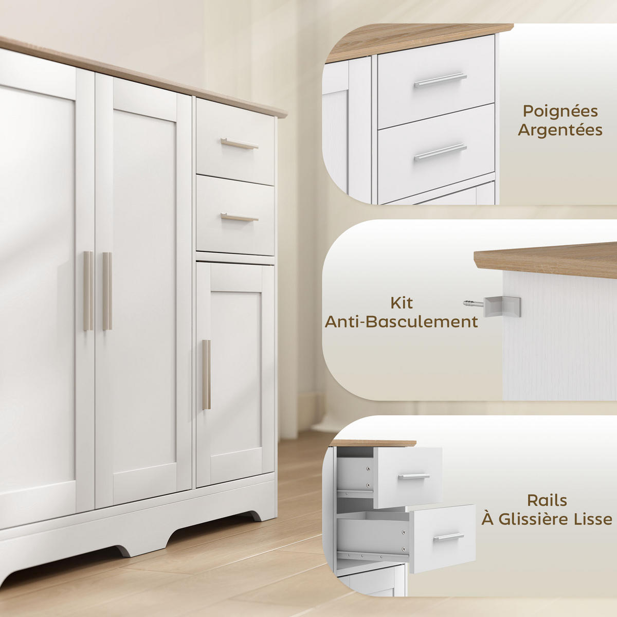 SIDEBOARD Weiß und Naturfarben, 2 Schubladen, 2 Türen, 100/40/78 cm - Weiß, Holz (100/78/40cm) - PANGIVO