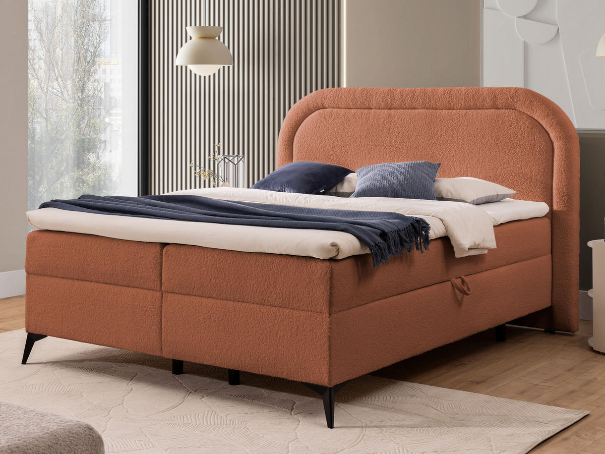 BOXBETT Sonna 160/200 cm Terrakotta Bouclé-Stoff mit abgerundetem Kopfteil und mit schwarzen Metallfüße - Terra cotta/Schwarz, Holz/Textil (160/200cm) - S-Style Möbel