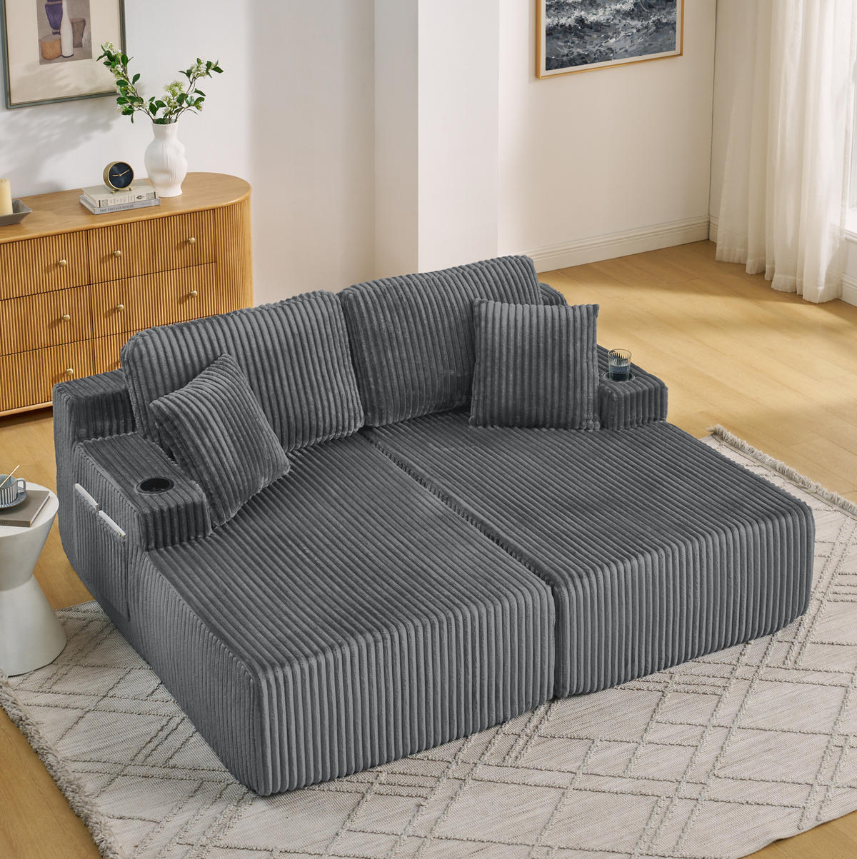 SCHLAFSOFA aus Kordstoff und Schaumstoff Grau mit Getränkehalter, Seitentasche und abnehmbaren Kissen - Grau, Kunststoff (186/78/154cm) - Modfu