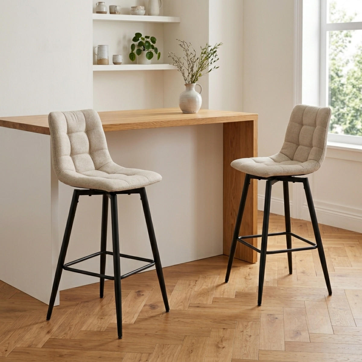 2ER-SET gepolsterter Hocker aus meliertem Stoff 42/94/51 cm - Beige, Textil (42/94/49cm) - Calicosy