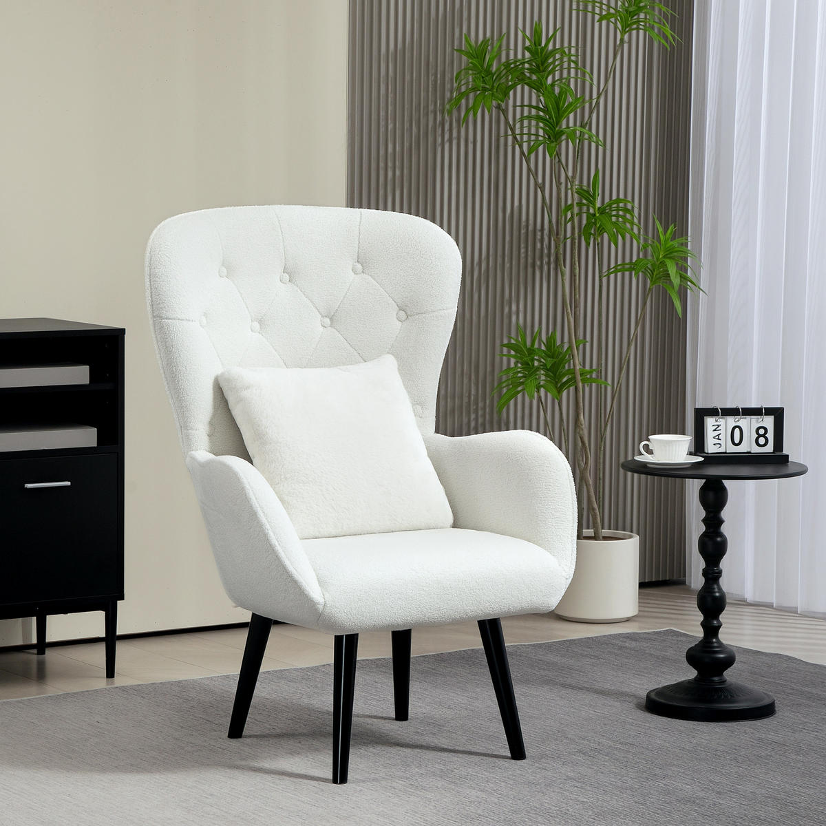 SESSEL Loungesessel mit Lendenkissen, Geplosterter Teddy Sessel mit Holzbeine - Weiß, Textil (75/106/88cm) - HOMCOM