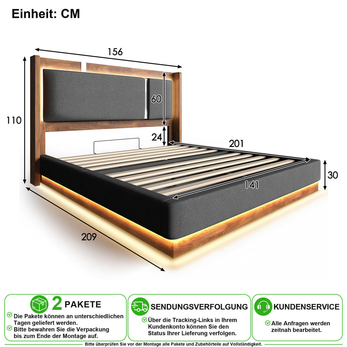 POLSTERBETT 140/200 cm in Grau mit LED, Bettkasten und Lattenrost aus Leinen - Grau, Holzwerkstoff/Textil (140/200cm) - CHICFURN