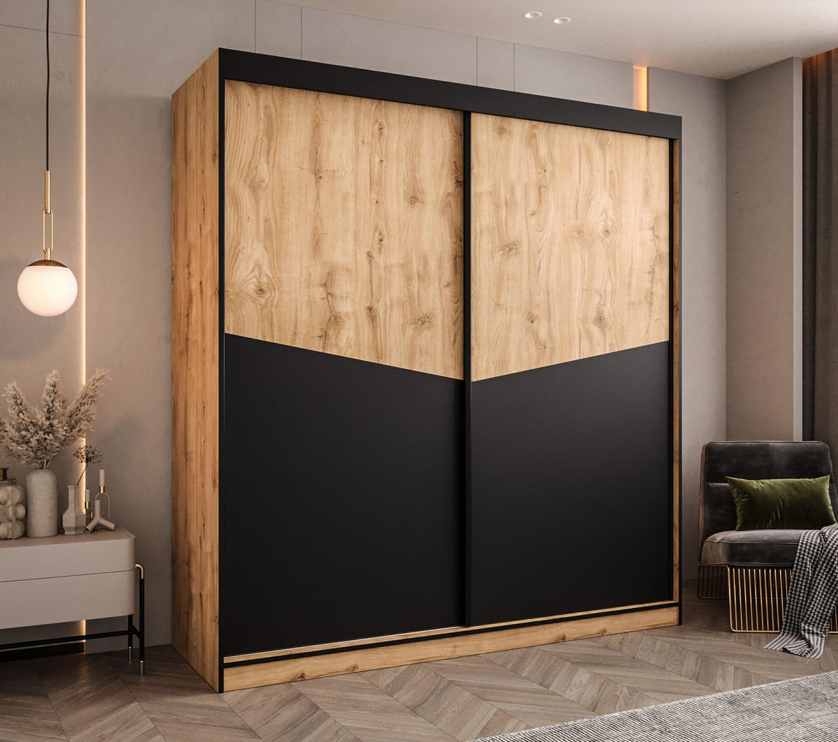 SCHIEBETÜRENSCHRANK DUBLIN 200, 2-türig Kleiderschrank, Moderne Garderobe, Schrank in Größe: 200 x 215 x 65 cm - Schwarz/Braun, Holzwerkstoff (200/215/65cm) - O-Sofa