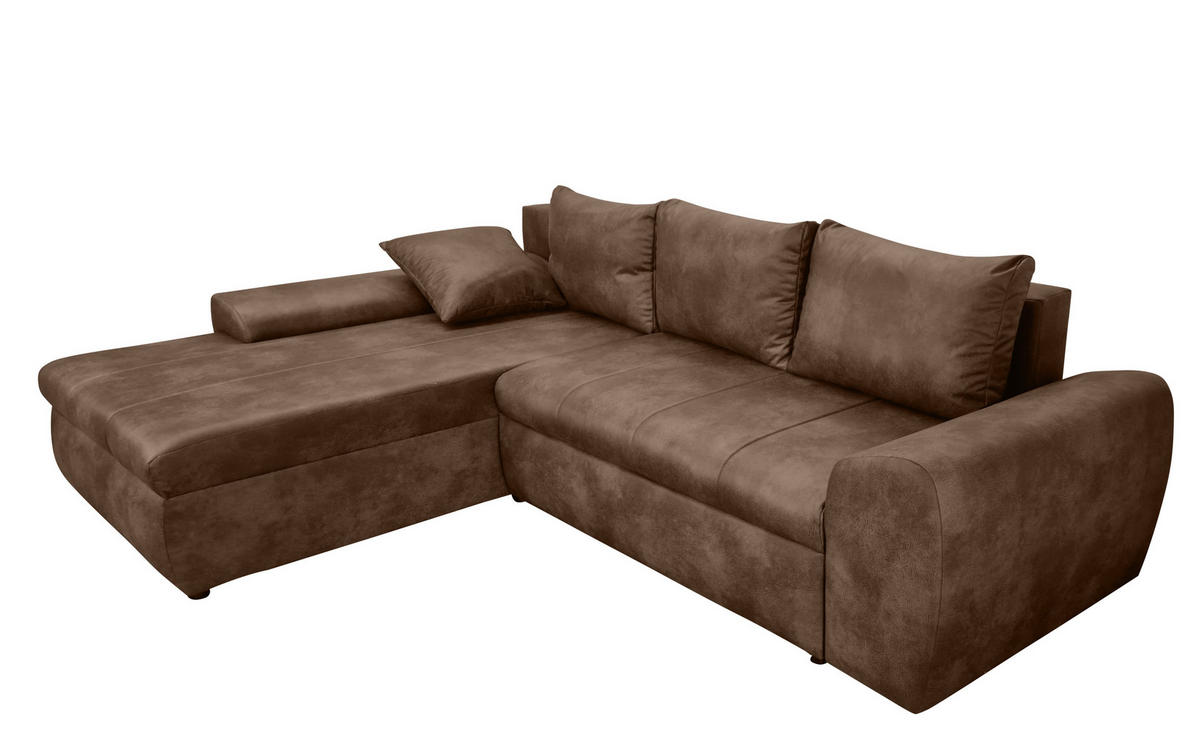 ECKSOFA mit Schlaffunktion, Bettkasten, Wellenunterfederung, Ottomane links B266/T186/H90 cm, Mikrofaser Leder-Optik Vintage Braun / 18014 - Schwarz/Braun, Kunststoff/Textil (266/186cm) - luma-home