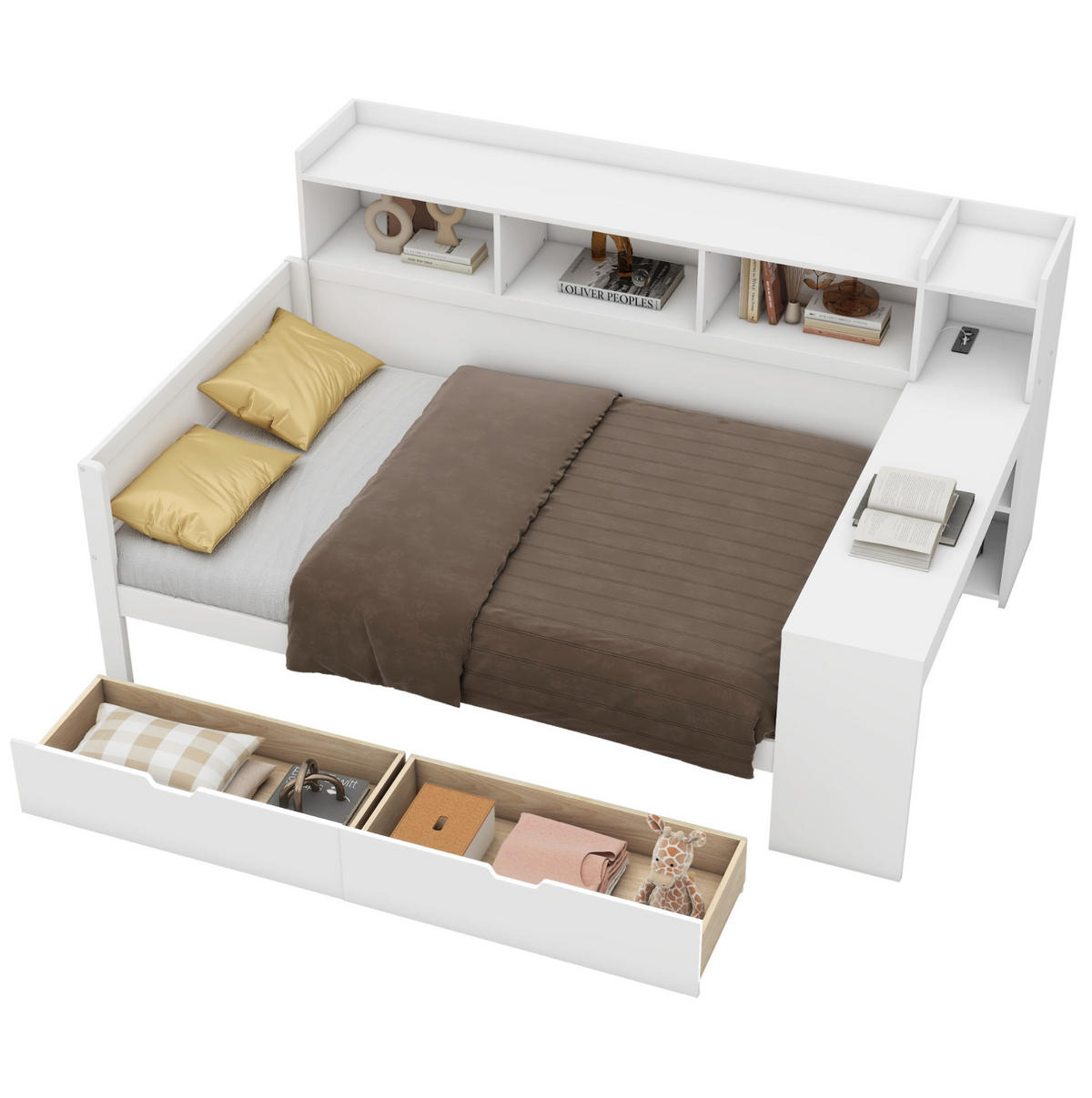 BETT 90/200 cm mit Nachttischablage und USB-Anschluss in Weiß - Weiß, Holzwerkstoff (90/200cm) - OKWISH