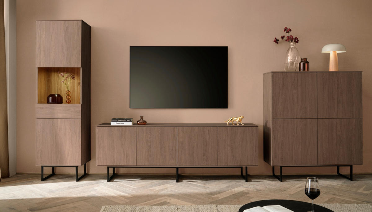 WOHNWAND in Nussbaum 3-teilig 400 cm, Wohnkombination mit Push-to-Open - Nussbaumfarben/Schwarz, Glas/Holzwerkstoff (400/200/40cm) - Furn.Design