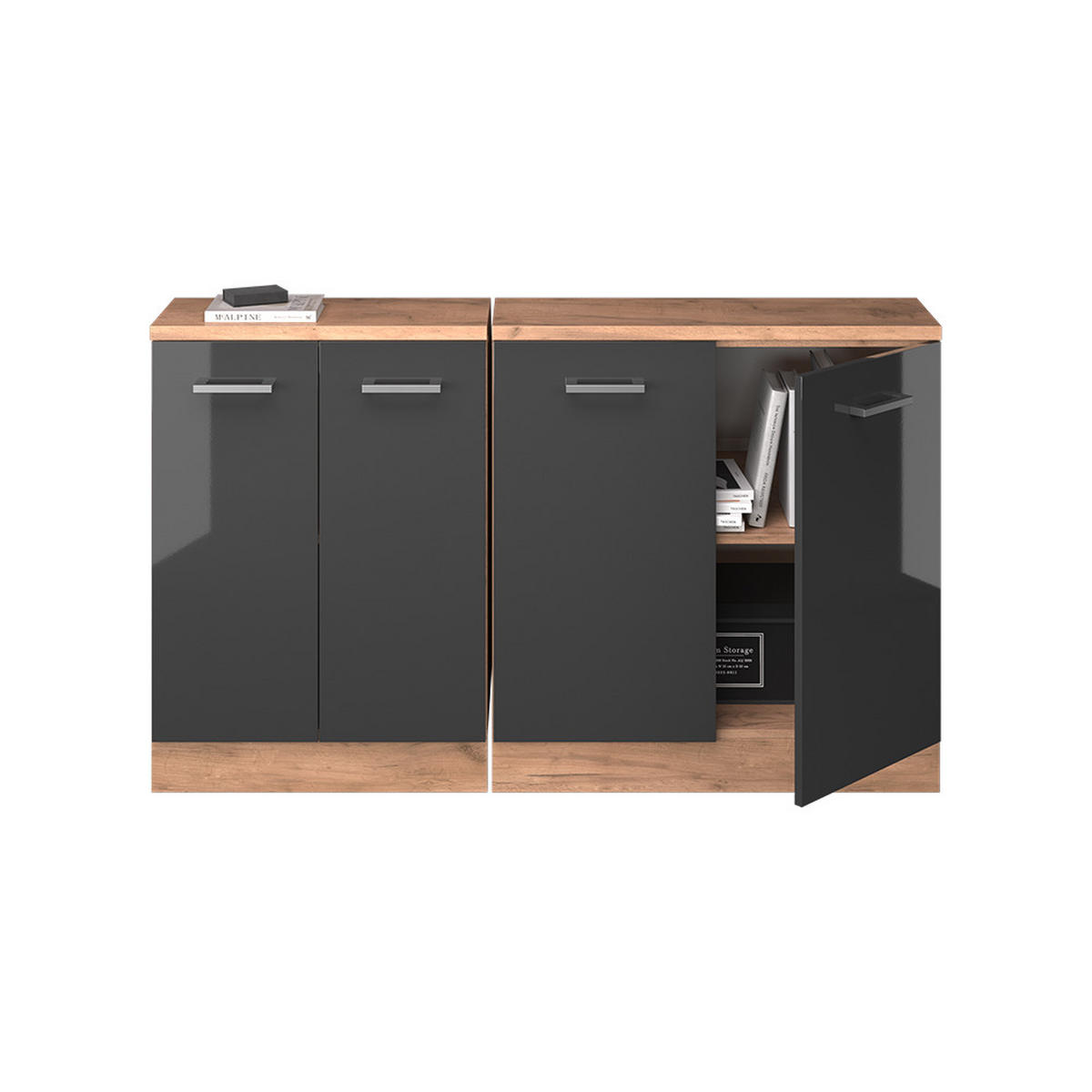 KUHINJSKI ORMAR ZA KOSINE KROVA R-Line Antracit visokog sjaja 140 cm Set od 2 korpusa ormara, dubina 60 cm - hrast medunac/crna visoki sjaj, drvni materijal (140/83.8/60cm) - Vicco