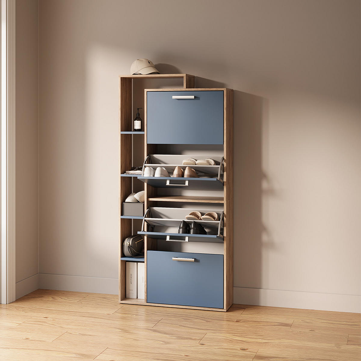 SCHUHKIPPER Ortello Goldkraft Eiche/Blau 80 x 166.1 cm mit 4 Fächern - Eichefarben/Dunkelblau, Holzwerkstoff (80/166.1/24.2cm) - Livinity®