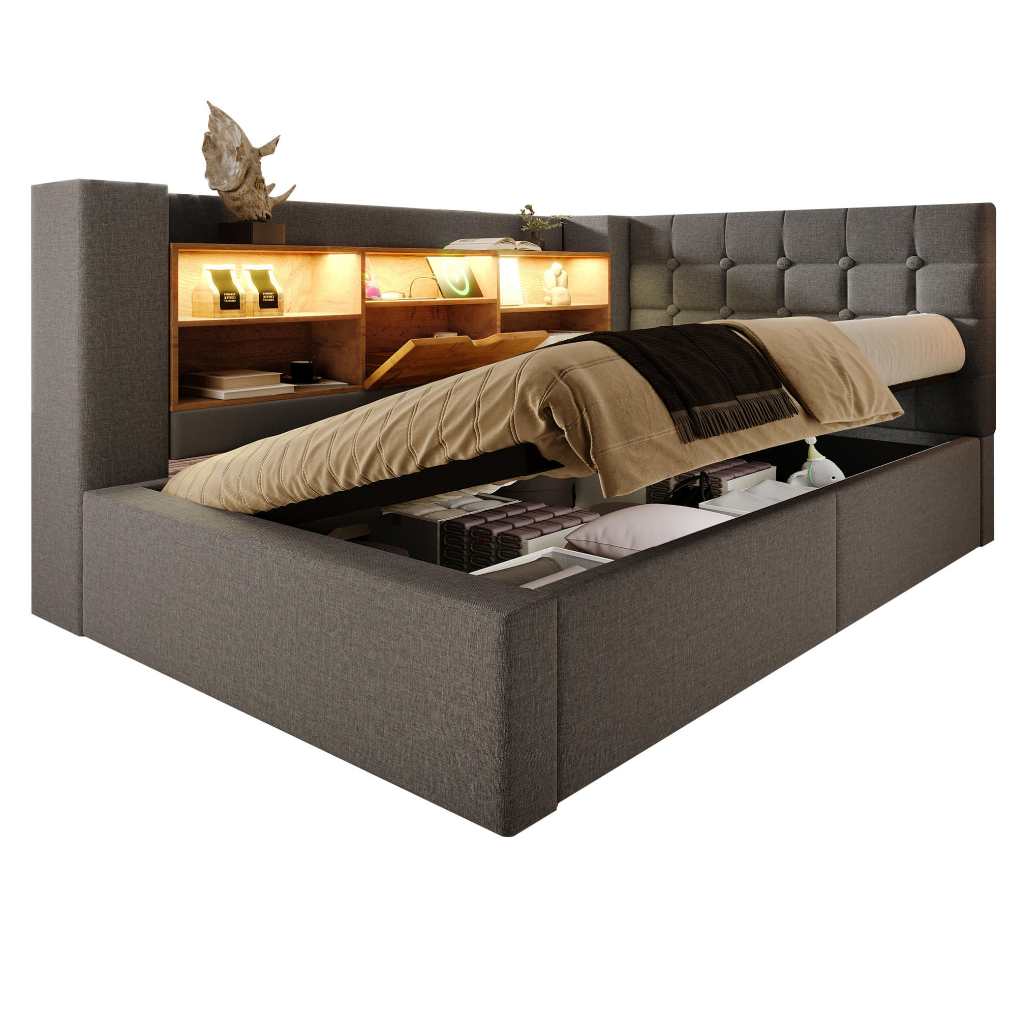 POLSTERBETT 90/200 cm mit LED-Beleuchtung, USB-Anschlüssen, hydraulischem Stauraum und L-Kopfteil, Grau - Grau, Textil (90/200cm) - Redom