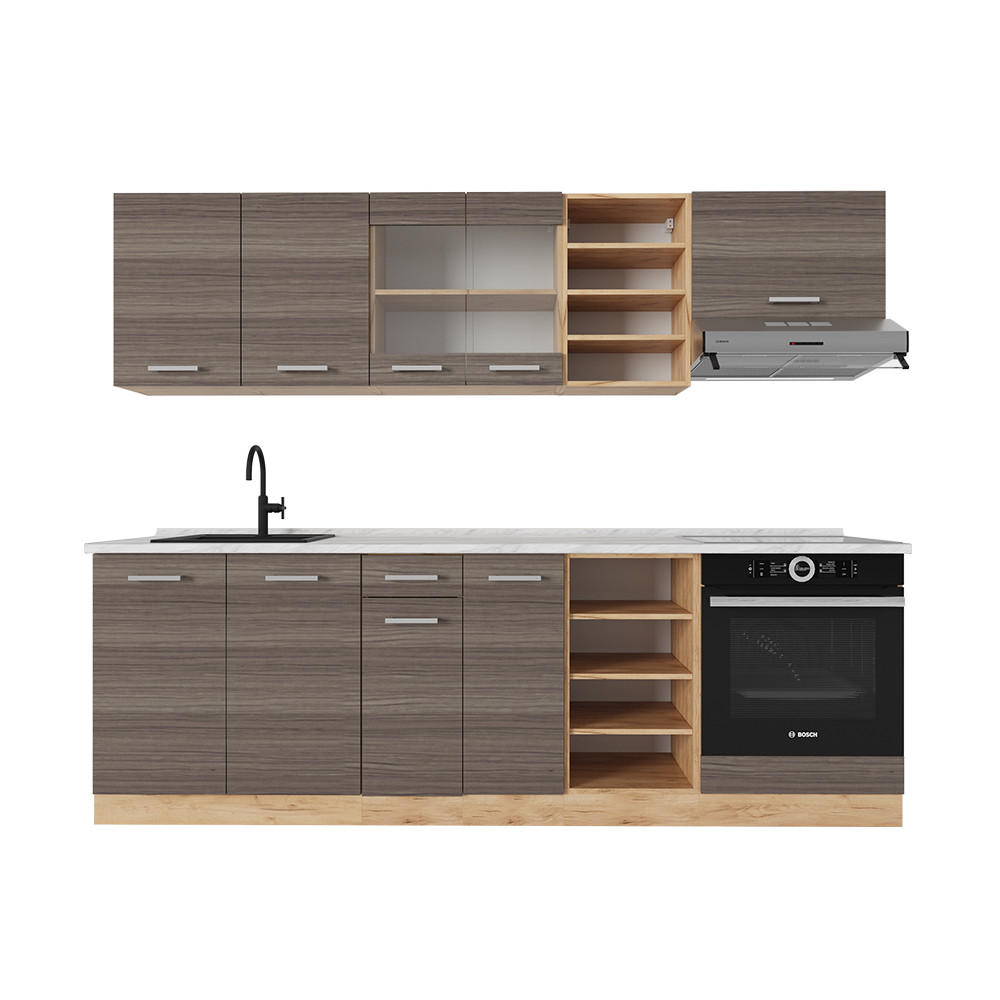 KÜCHENZEILE R-Line Edelgrau/Goldkraft Eiche 240 cm , AP Marmor - Eiche Wotan/Braun, Holzwerkstoff (240/81.6/60cm) - Vicco