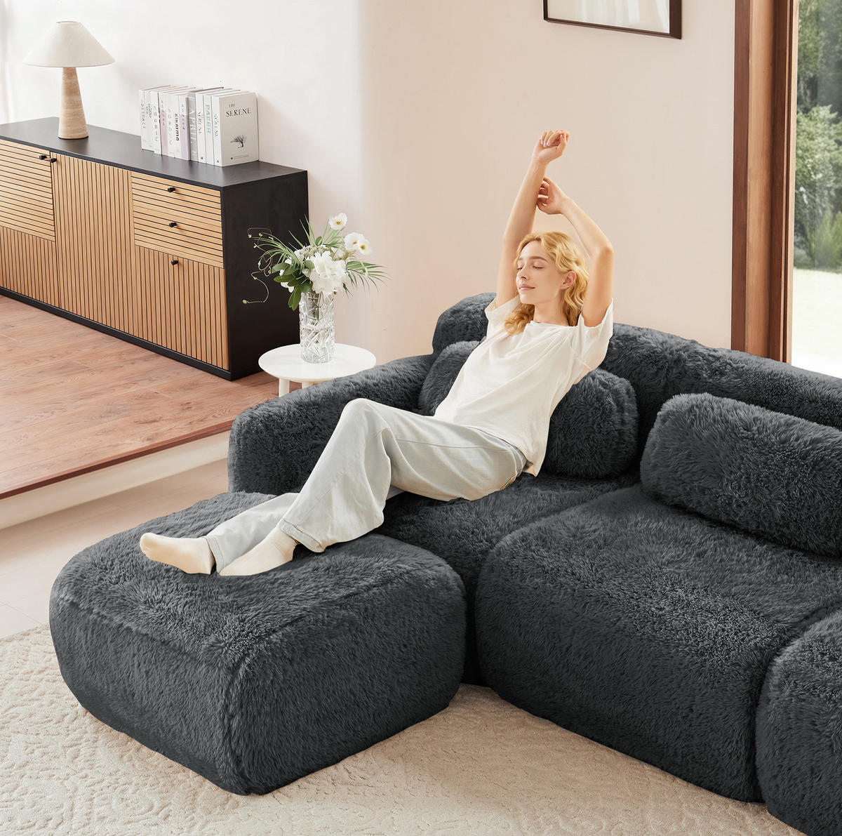 SOFA modular mit 3 Ottomanen Plüsch Grau - Grau, Kunststoff (179/73/291.1cm) - Meubliv