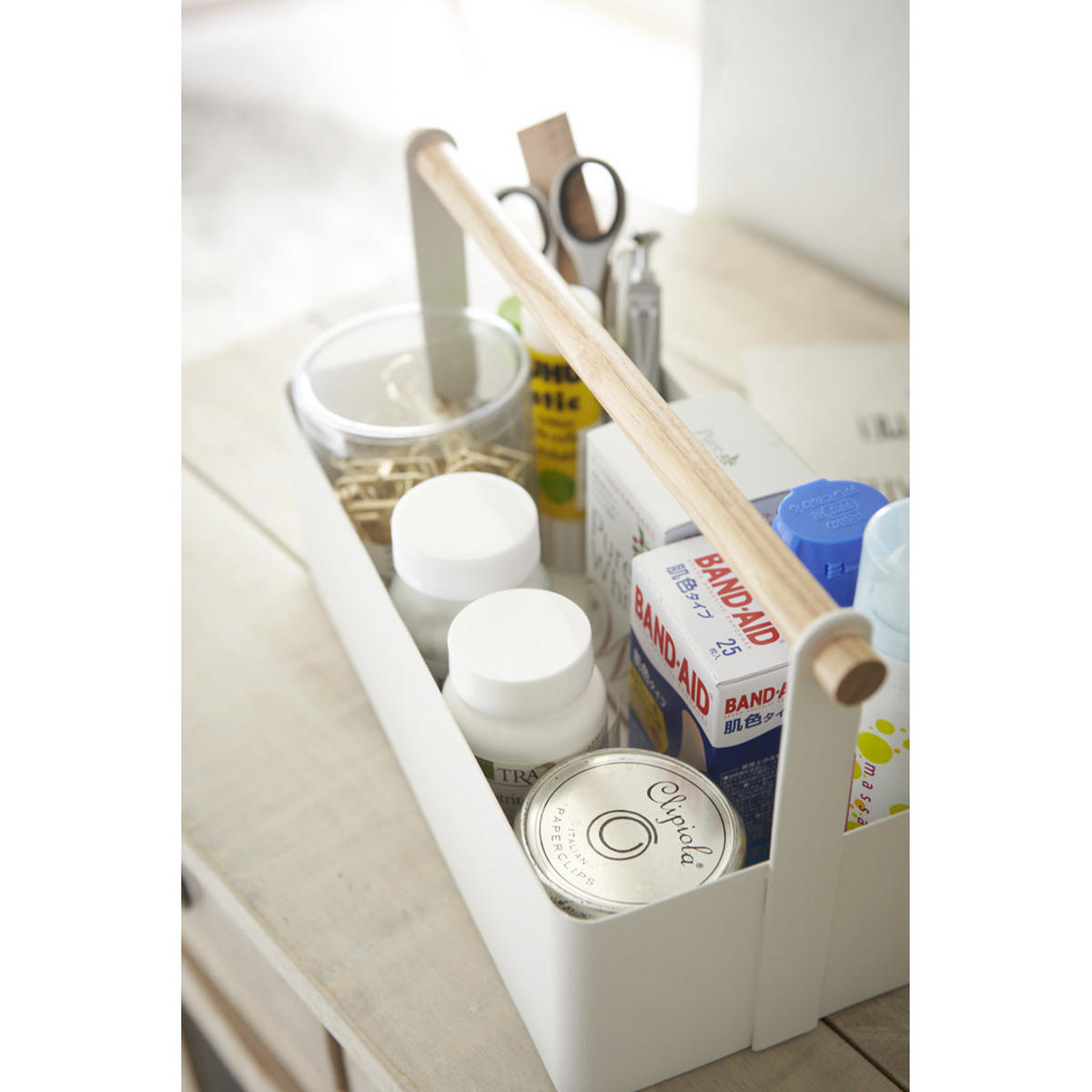 AUFBEWAHRUNGSKORB aus weißem Metall mit Holzgriff - L29 cm - Weiß, Metall (13/16/29cm) - Yamazaki