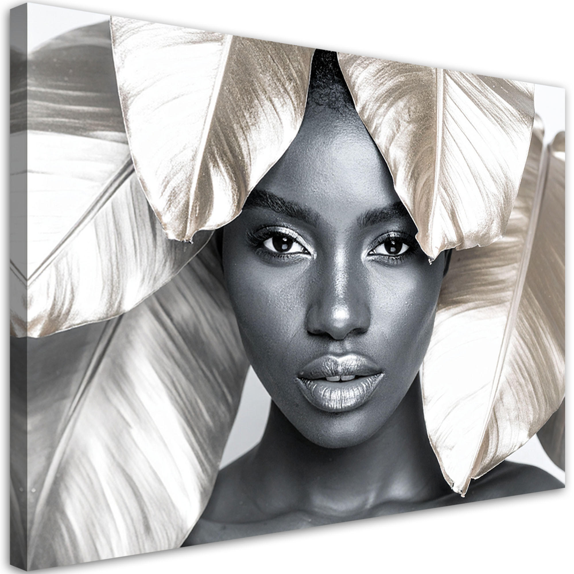 LEINWANDBILD Frau mit goldenen Blättern auf dem Kopf 60x40cm - Grau, Textil (60/40cm) - Feeby
