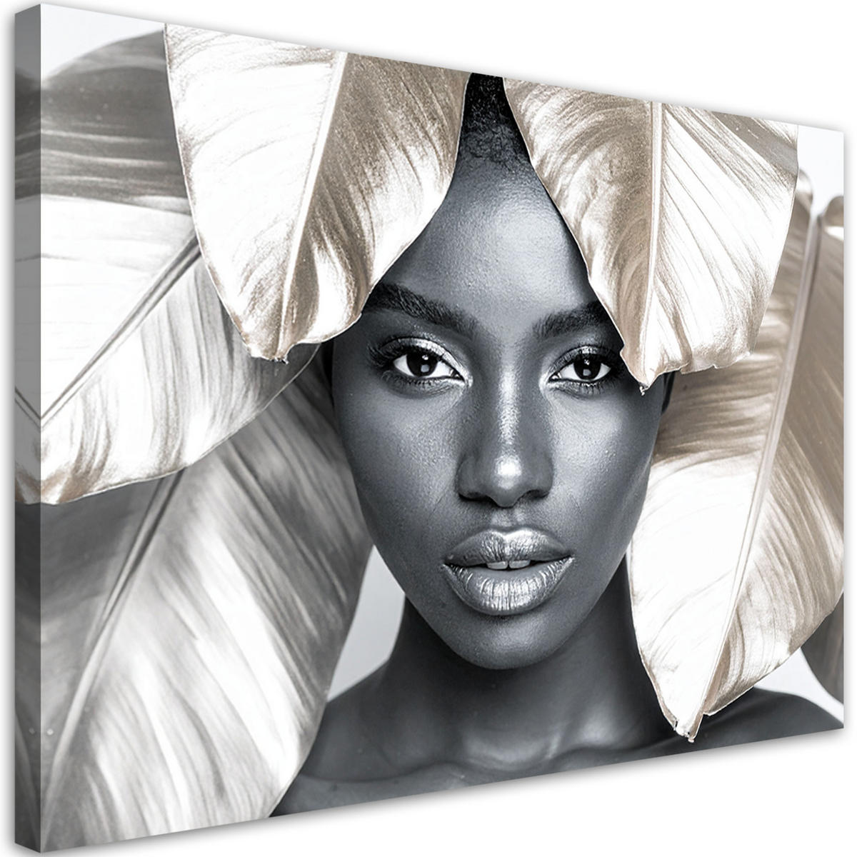 LEINWANDBILD Frau mit goldenen Blättern auf dem Kopf 60x40cm - Grau, Textil (60/40cm) - Feeby