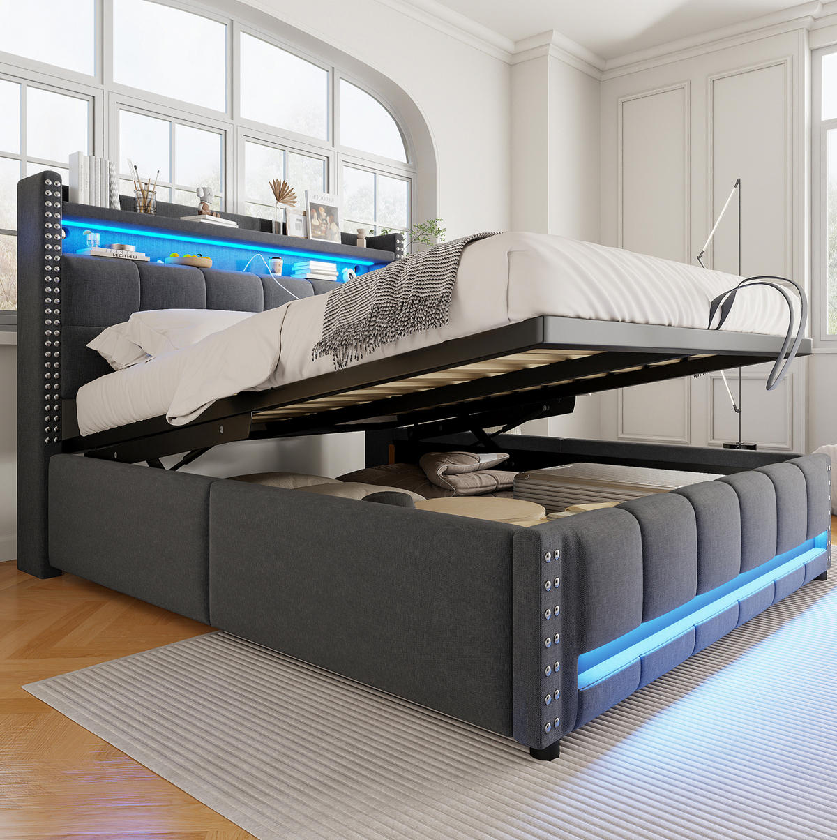 ČALÚNENÁ posteľ 160/200 cm s LED osvetlením, USB portom a hydraulickým úložným priestorom, Sivá - sivá, textil (160/200cm) - Redom
